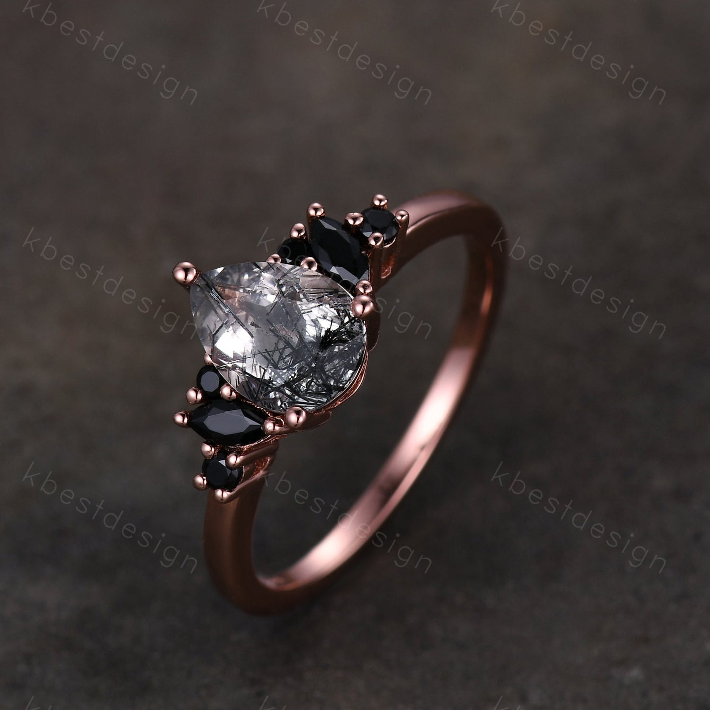 Pear Shaped Natural Black Rutilated Quartz Engagement Ring Unique Black Spinel Ring Rose Gold Marquise cut Cluster Ring Promise Ring