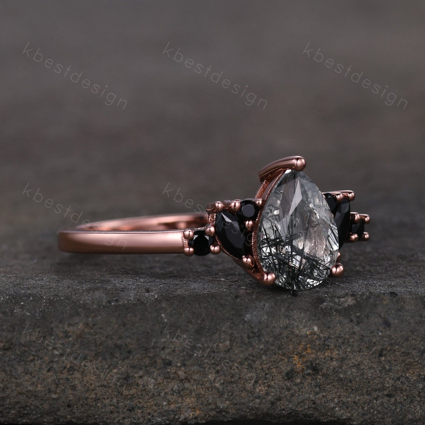 Pear Shaped Natural Black Rutilated Quartz Engagement Ring Unique Black Spinel Ring Rose Gold Marquise cut Cluster Ring Promise Ring