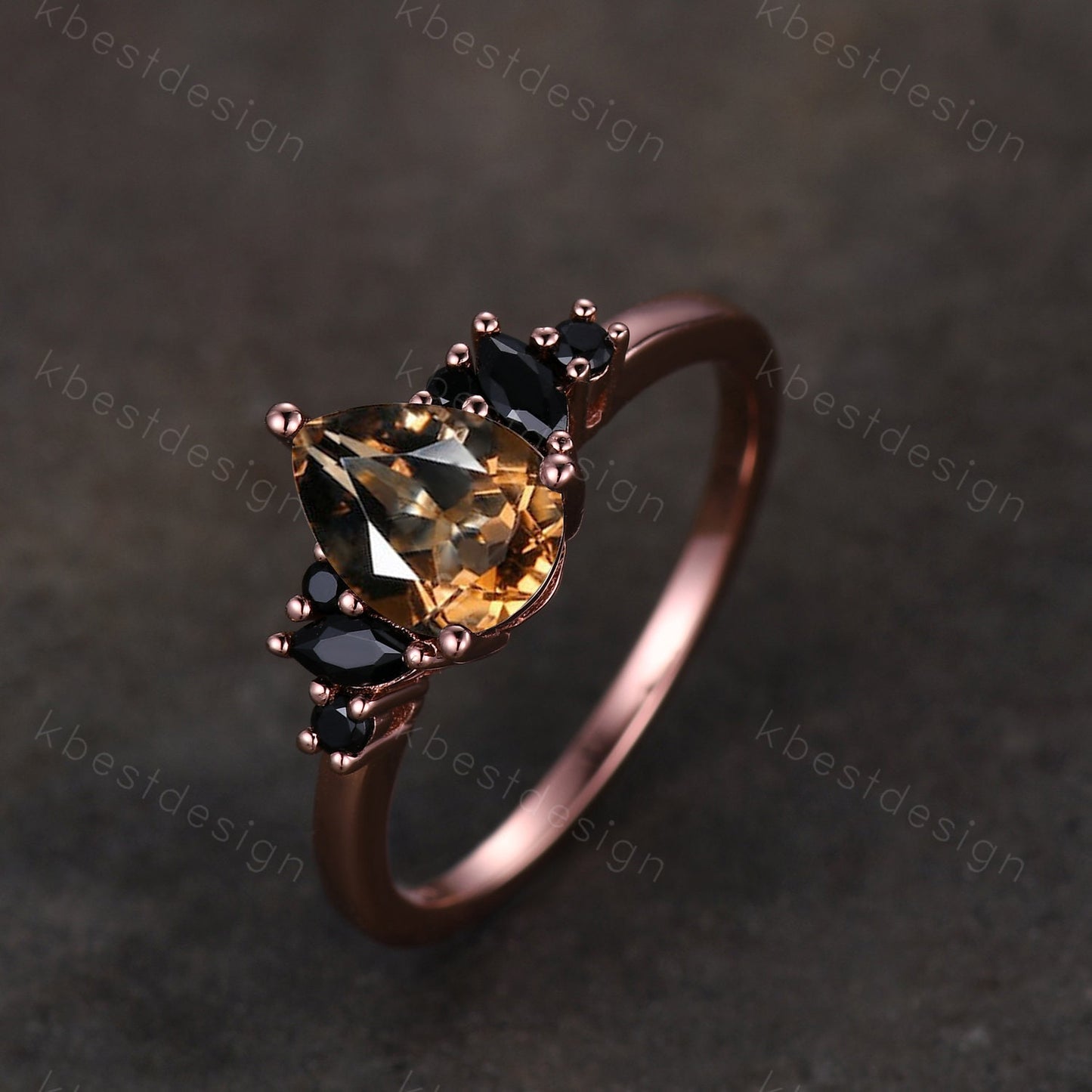 Vintage Pear Smoky Quartz engagement ring black spinel cluster Rose gold ring art deco brown quartz ring unique anniversary promise ring
