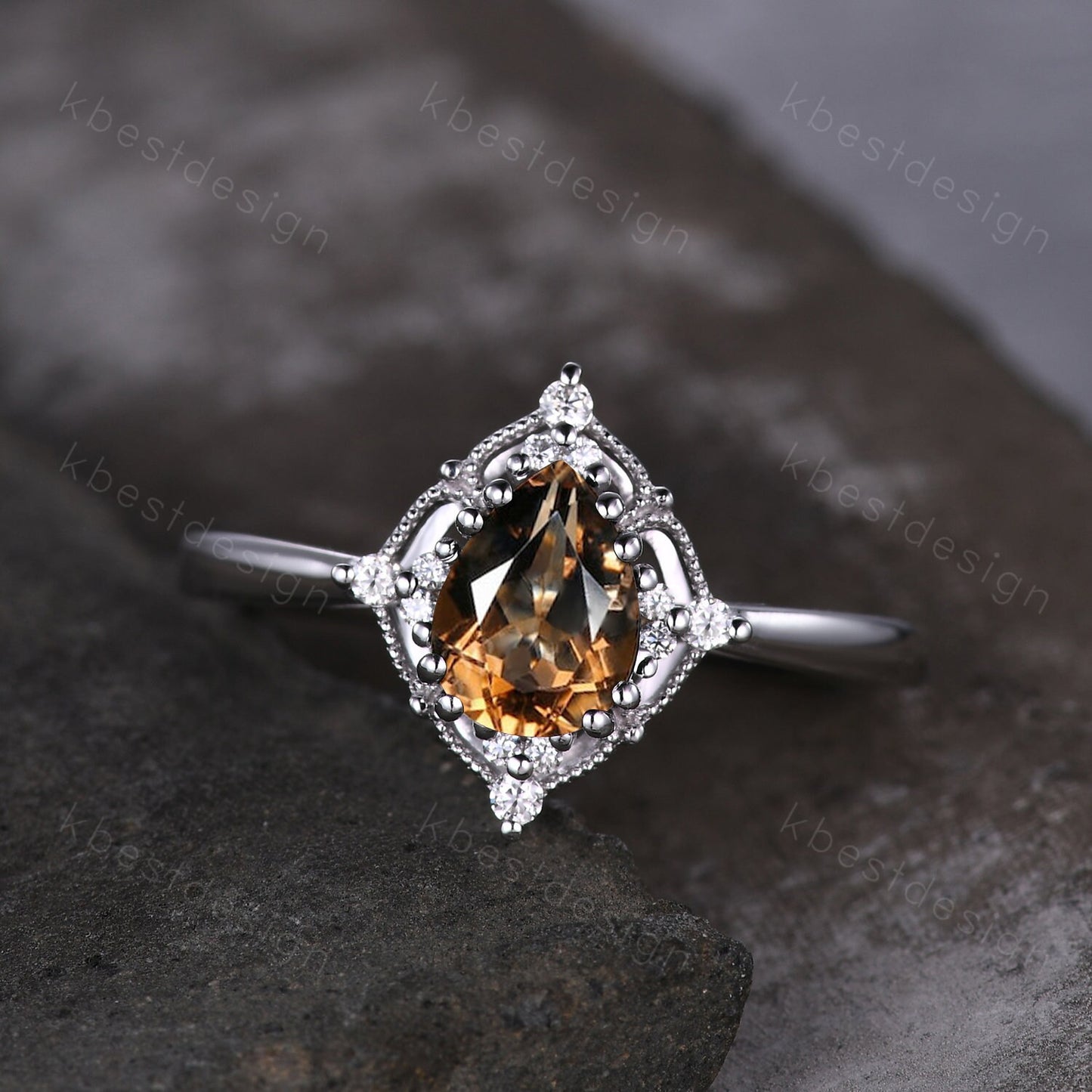 Smoky Quartz Solitaire Engagement Ring Silver Ring Pear cut Brown Quartz Ring Milgrain Art Deco Moissanite Ring Unique Bridal Promise Ring
