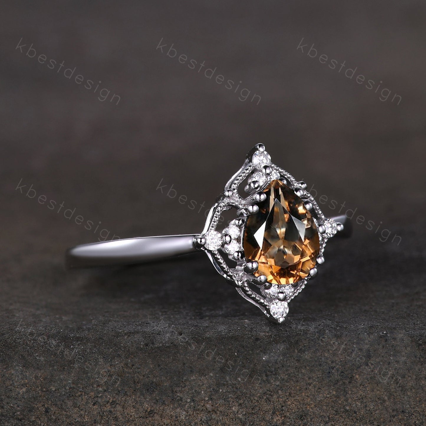 Smoky Quartz Solitaire Engagement Ring Silver Ring Pear cut Brown Quartz Ring Milgrain Art Deco Moissanite Ring Unique Bridal Promise Ring