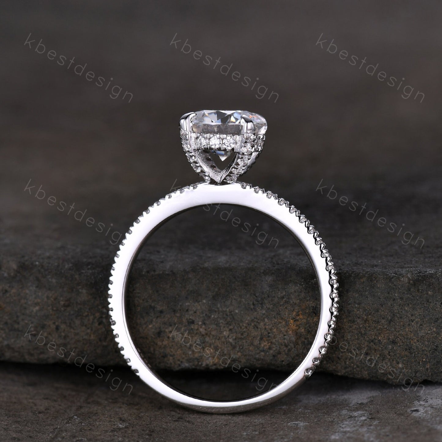 Round cut moissanite ring vintage moissanite engagement ring white gold unique hidden halo engagement ring promise wedding ring for women