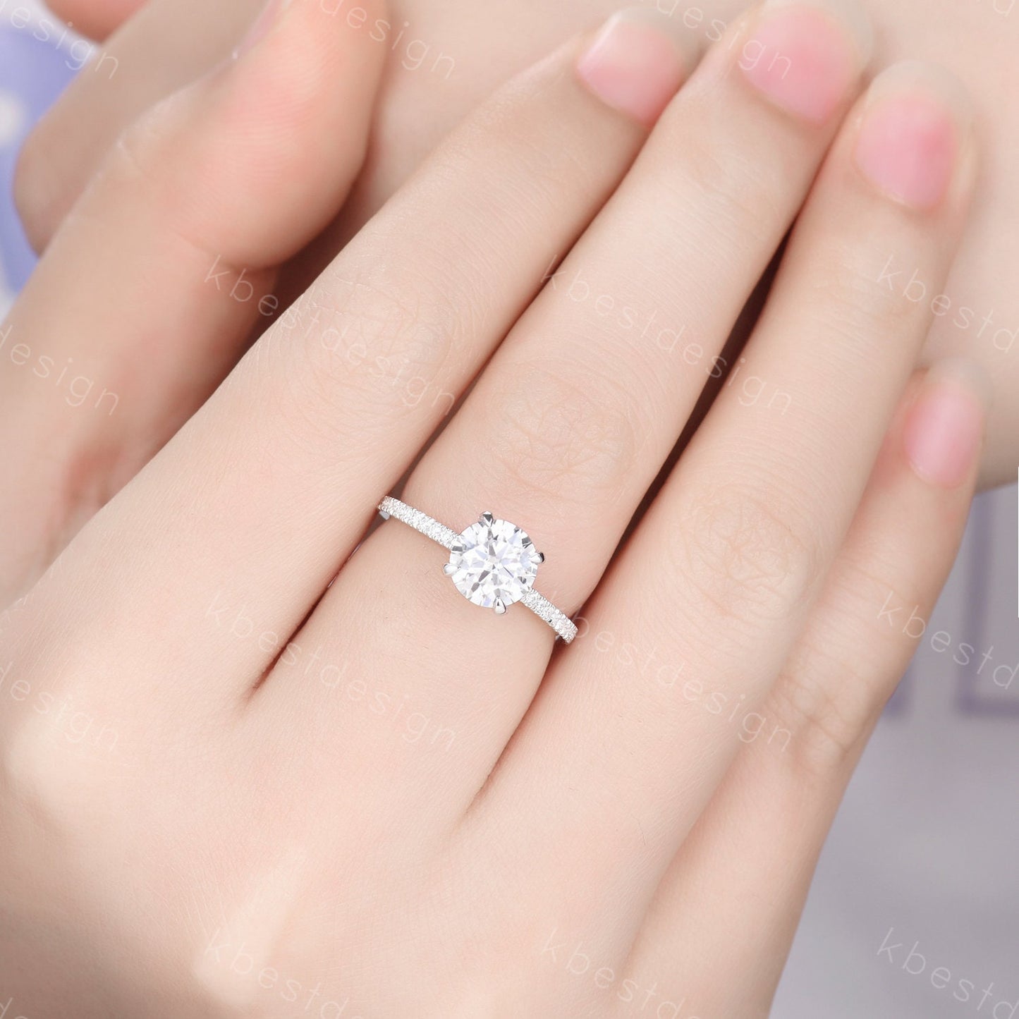 Round cut moissanite ring vintage moissanite engagement ring white gold unique hidden halo engagement ring promise wedding ring for women