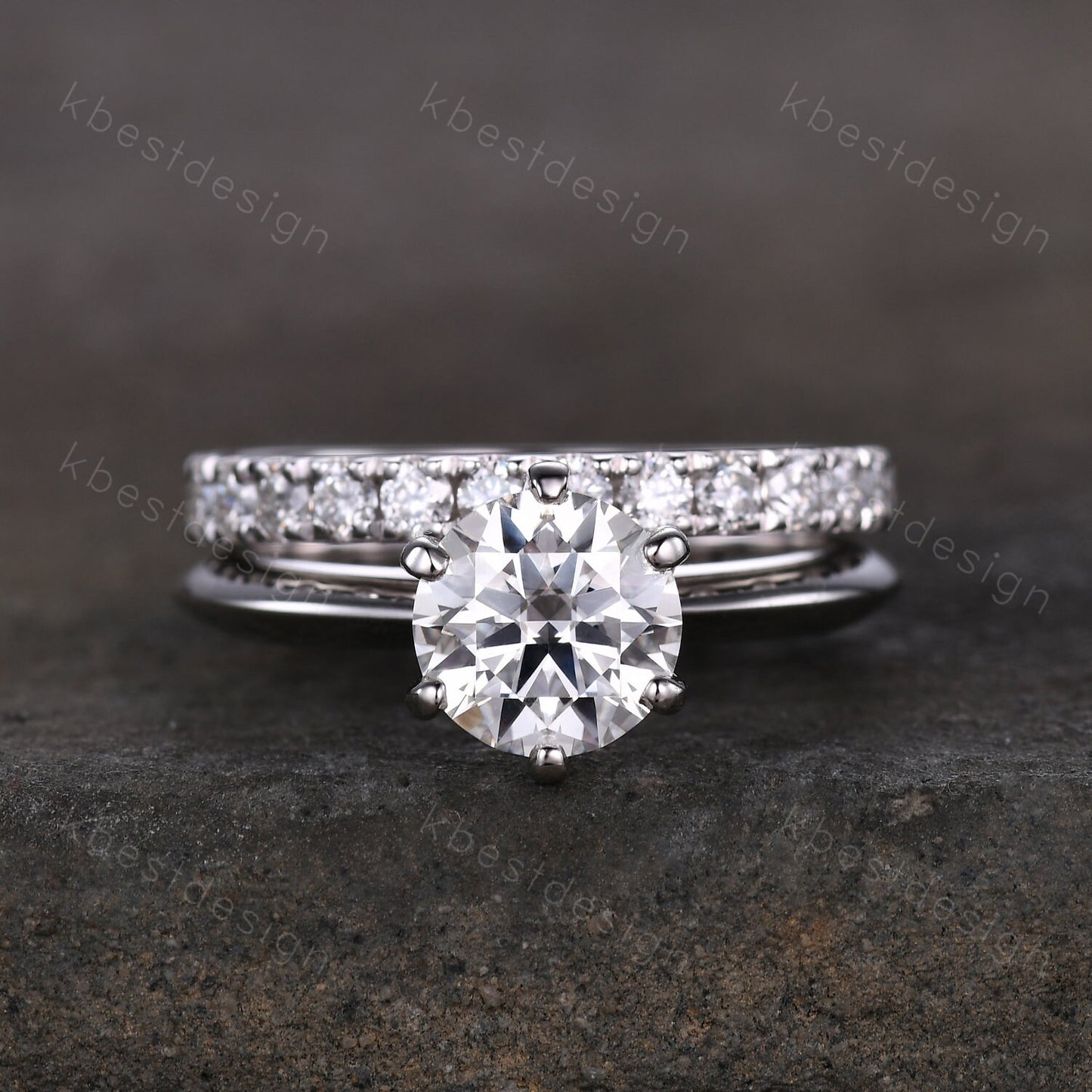 1.25CT Moissanite Engagement Ring Set 14K White Gold Round cut Moissanite Ring 2mm Half Eternity Stacking Matching Band Bridal Wedding Set