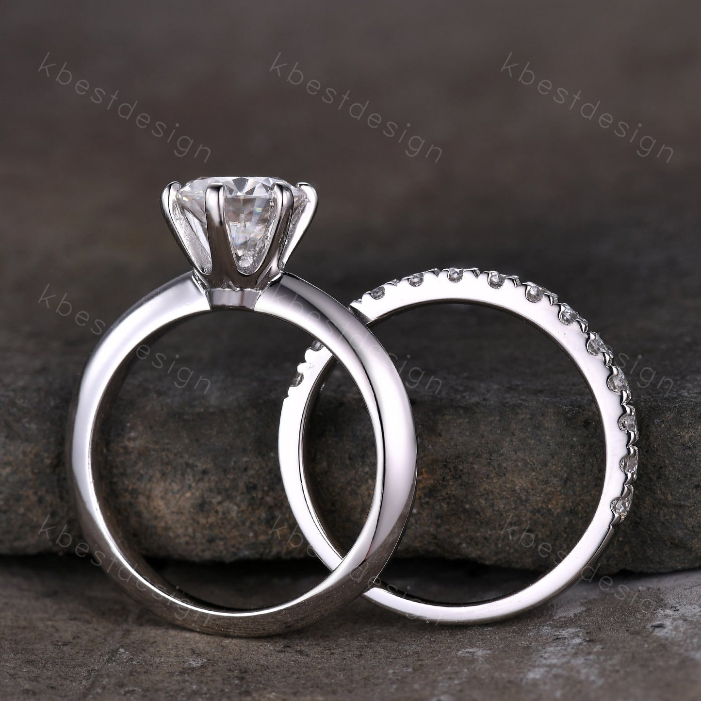1.25CT Moissanite Engagement Ring Set 14K White Gold Round cut Moissanite Ring 2mm Half Eternity Stacking Matching Band Bridal Wedding Set