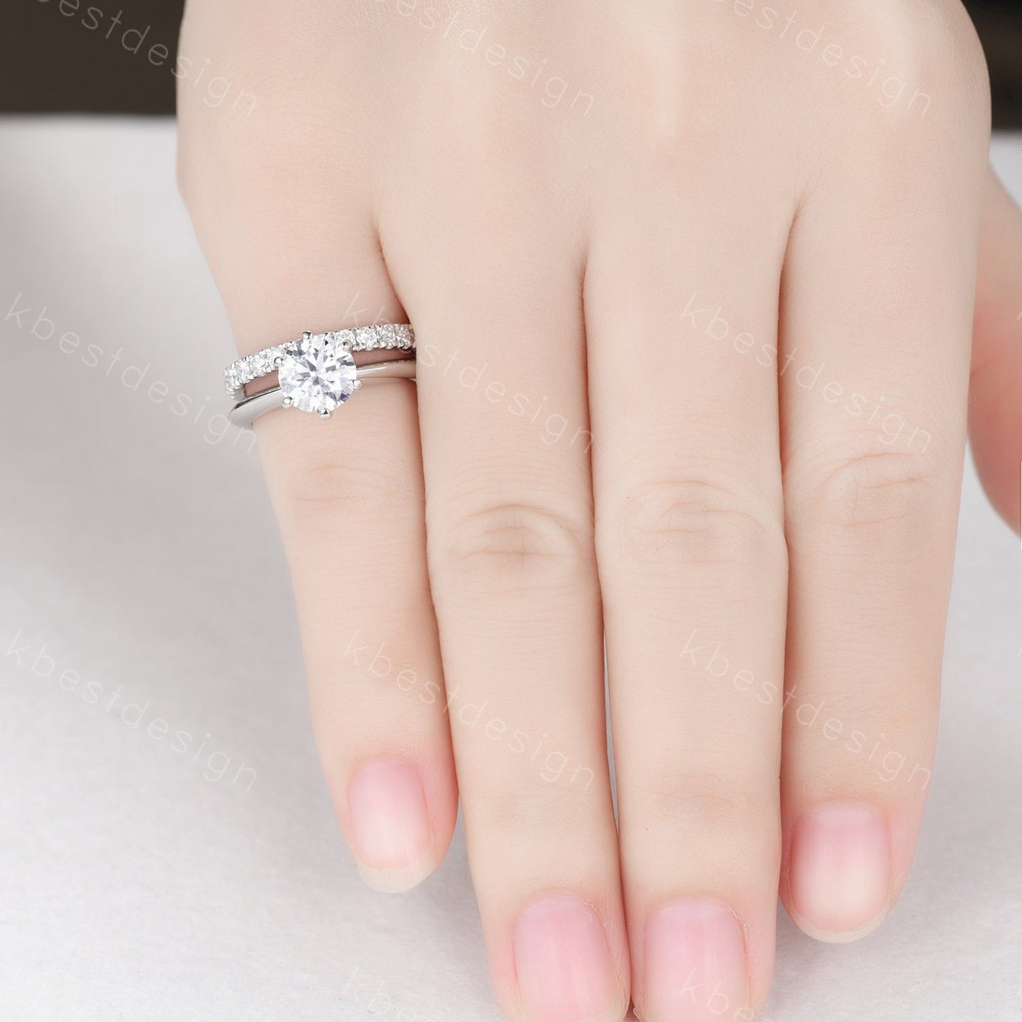 1.25CT Moissanite Engagement Ring Set 14K White Gold Round cut Moissanite Ring 2mm Half Eternity Stacking Matching Band Bridal Wedding Set