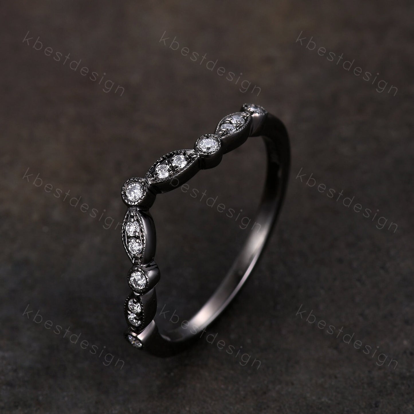 Curved Moissanite wedding band silver black gold wedding band Unique art deco stacking matching band Anniversary ring Women gift
