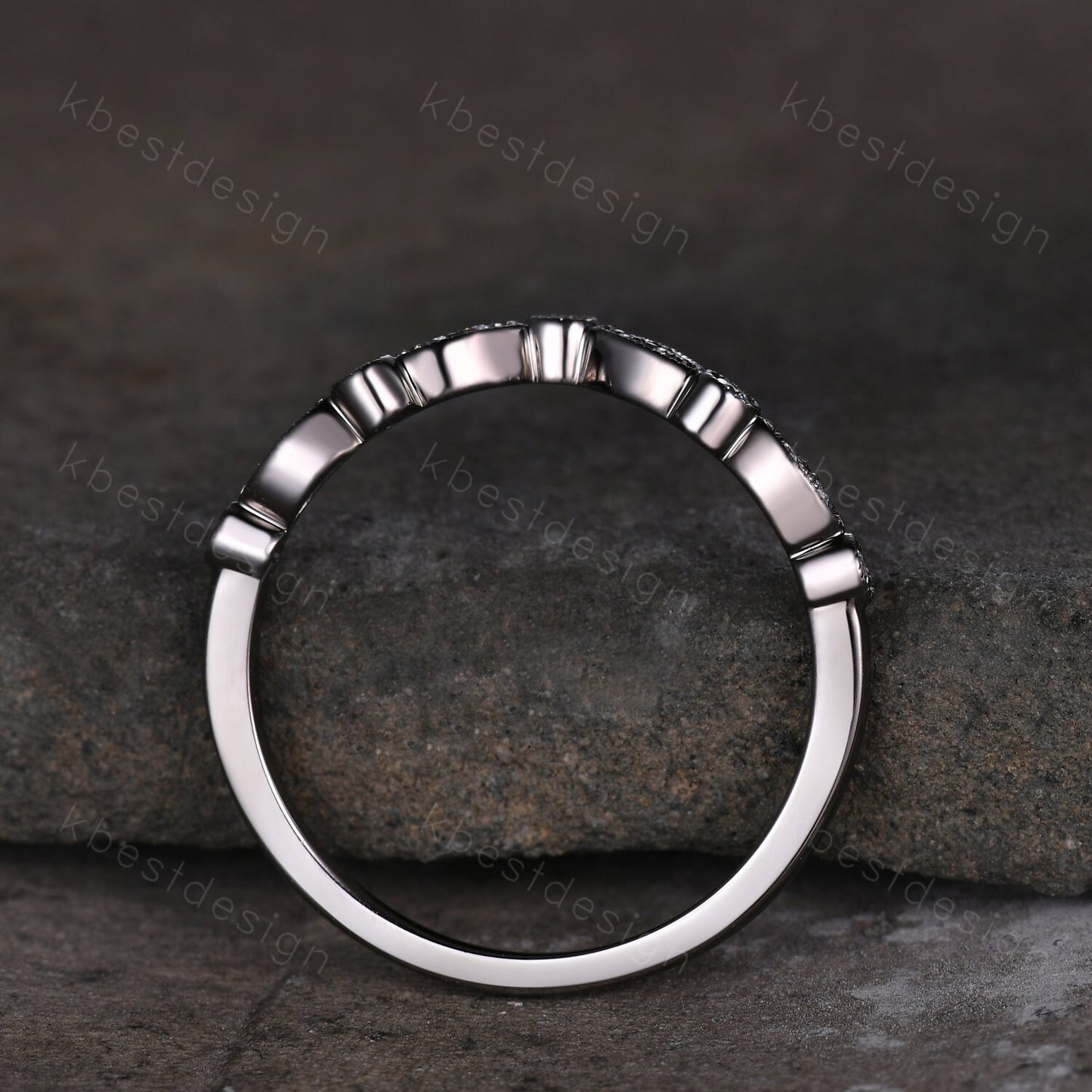 Curved Moissanite wedding band silver black gold wedding band Unique art deco stacking matching band Anniversary ring Women gift