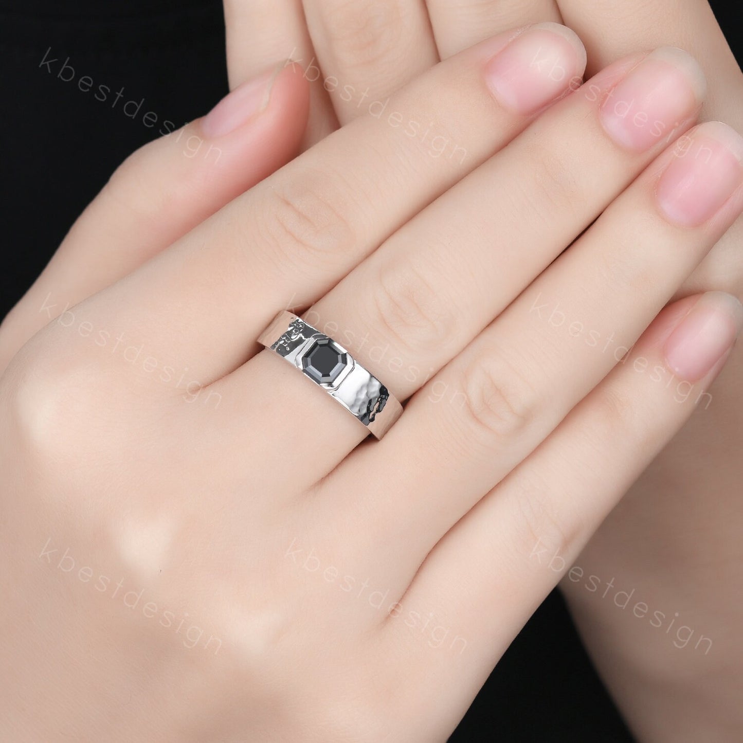 Mens Black Moissanite Wedding Band Asscher Cut Moissanite Band 5mm White Gold Ring Mens Hammered Stacking Matching Band Retro Vintage Ring