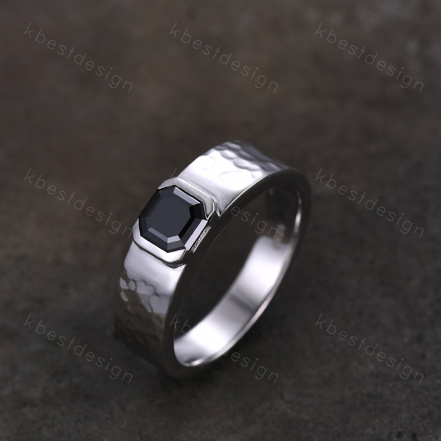 Mens Black Moissanite Wedding Band Asscher Cut Moissanite Band 5mm White Gold Ring Mens Hammered Stacking Matching Band Retro Vintage Ring