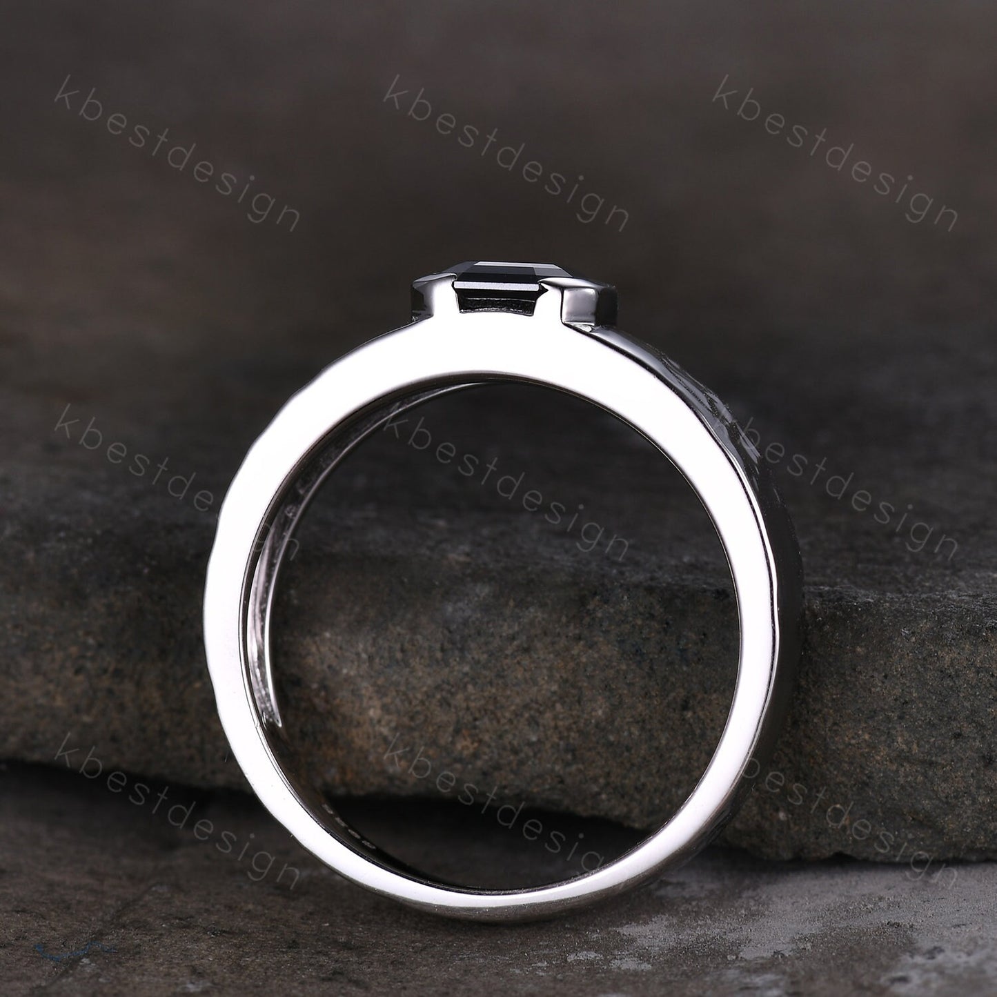 Mens Black Moissanite Wedding Band Asscher Cut Moissanite Band 5mm White Gold Ring Mens Hammered Stacking Matching Band Retro Vintage Ring