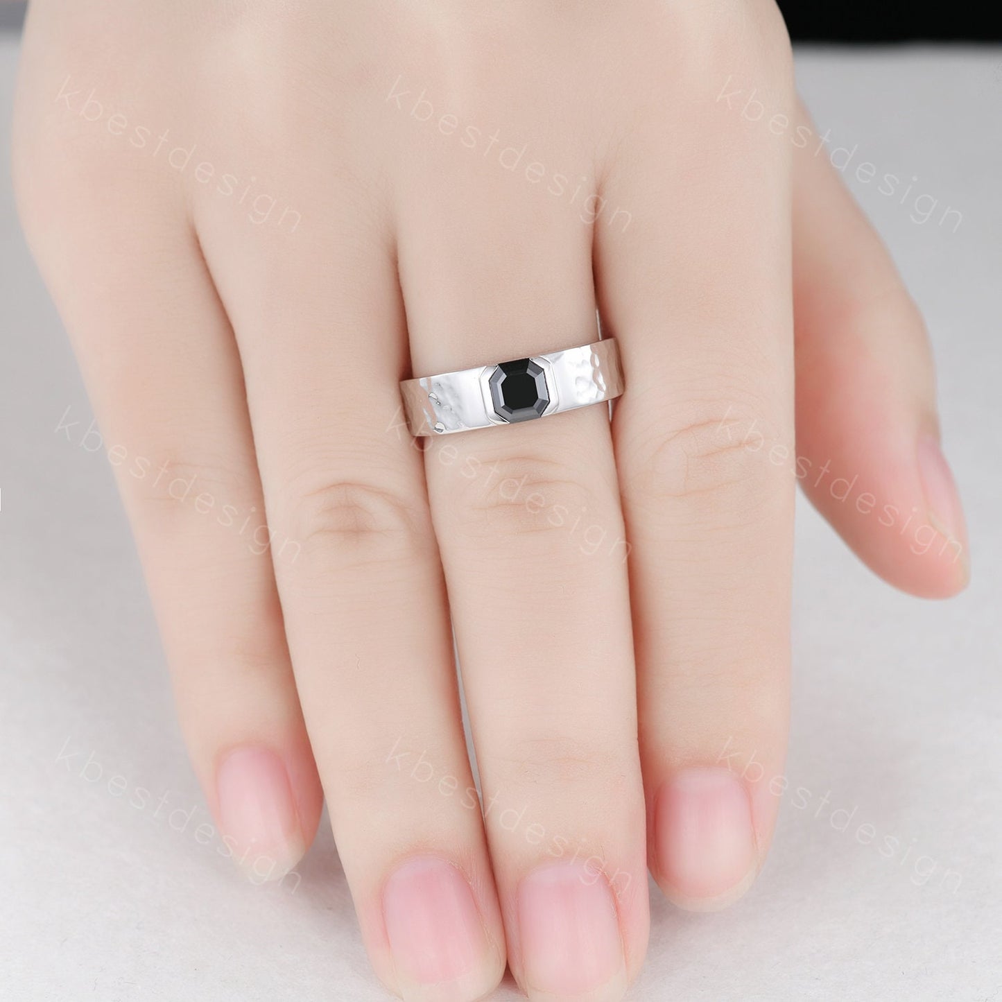 Mens Black Moissanite Wedding Band Asscher Cut Moissanite Band 5mm White Gold Ring Mens Hammered Stacking Matching Band Retro Vintage Ring