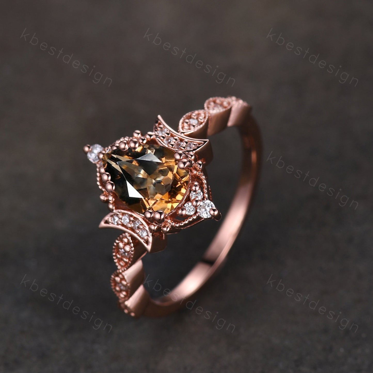 Vintage Smoky Quartz Engagement Ring Rose Gold Pear cut Brown Quartz Ring Unique Moon Goddess Ring Art Deco Moissanite Bridal Promise Ring