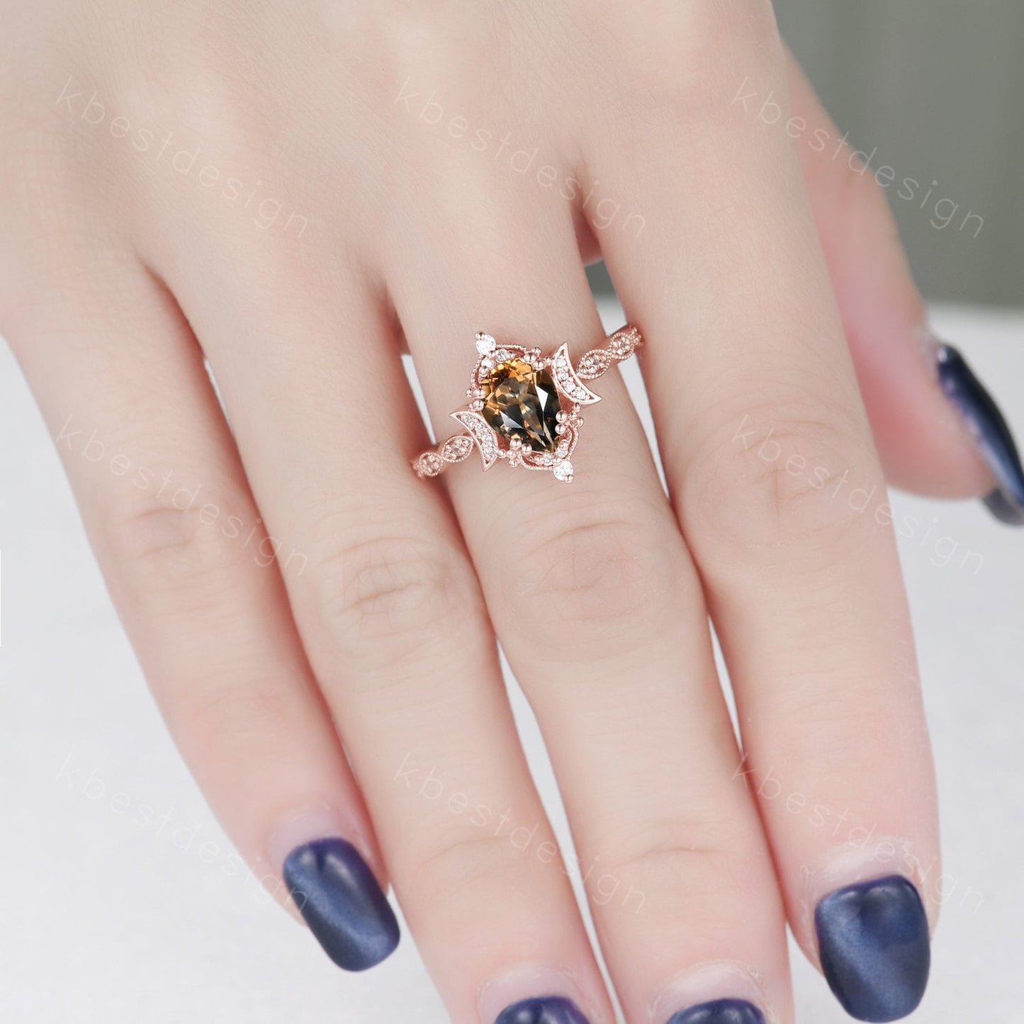 Vintage Smoky Quartz Engagement Ring Rose Gold Pear cut Brown Quartz Ring Unique Moon Goddess Ring Art Deco Moissanite Bridal Promise Ring