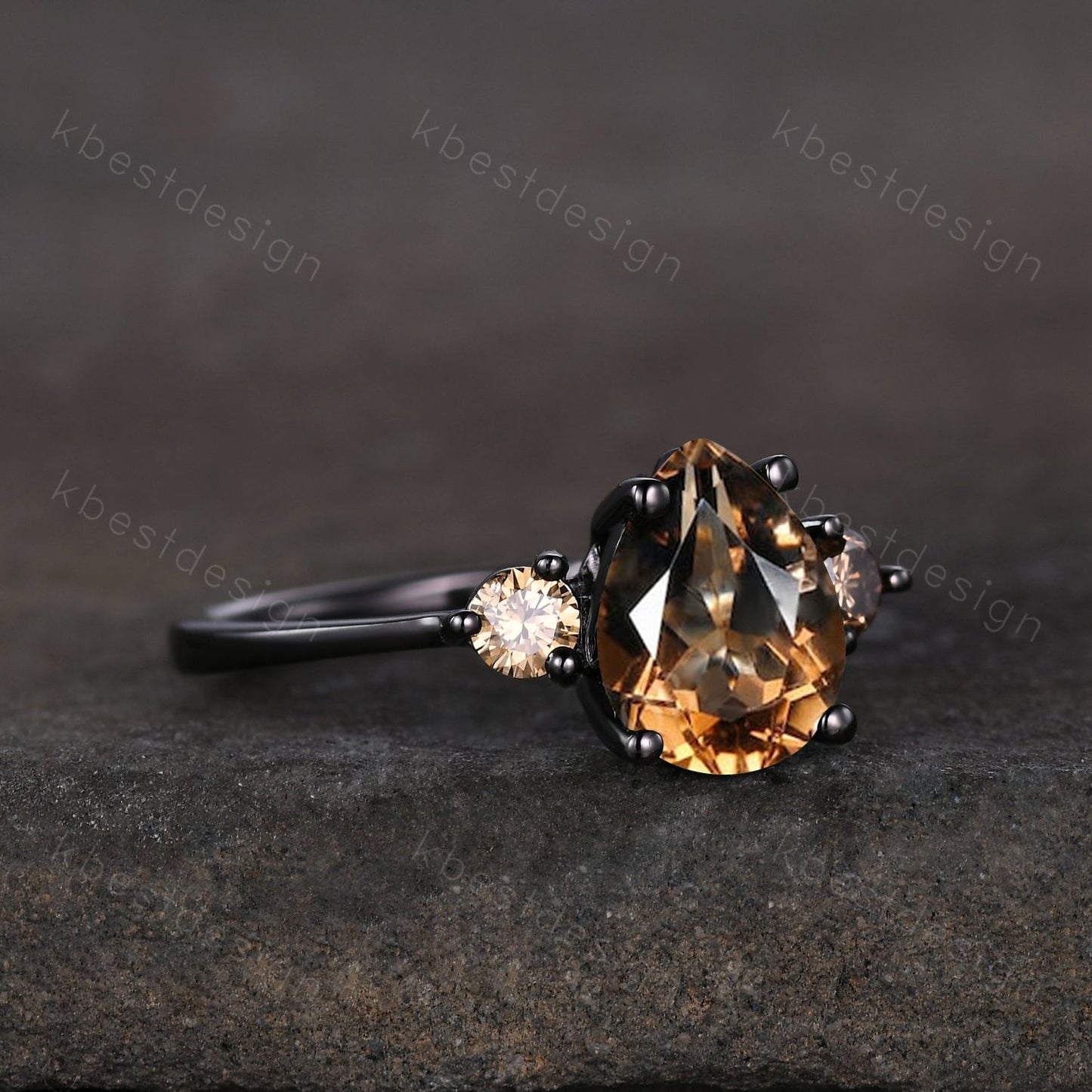 Pear shaped smoky quartz Engagement Ring Black Gold three stone engagement ring Vintage champagne Diamond Wedding ring Bridal promise ring