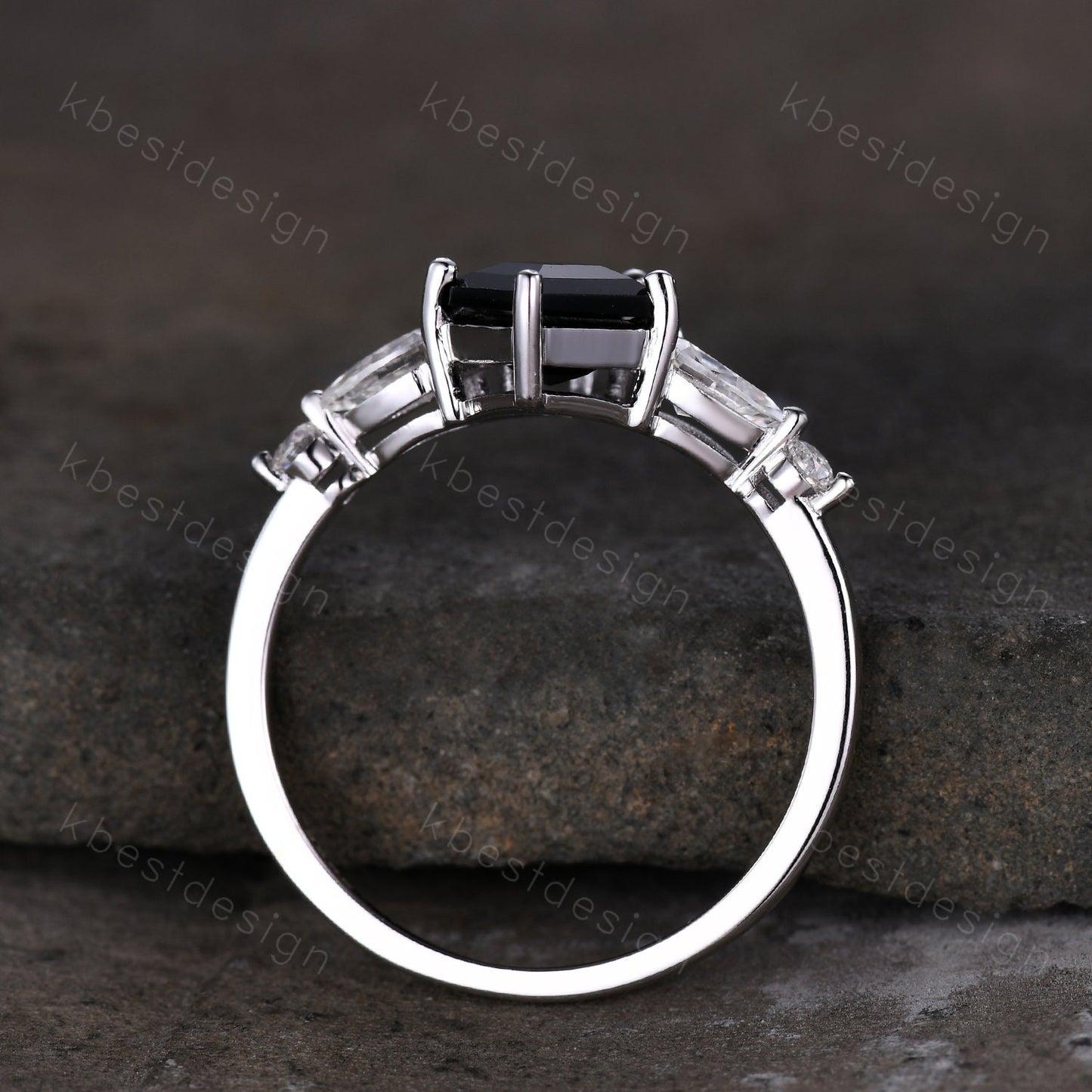 Vintage kite cut black onyx engagement ring 14k white gold pear cut moissanite ring for women unique bridal promise ring Platinum ring