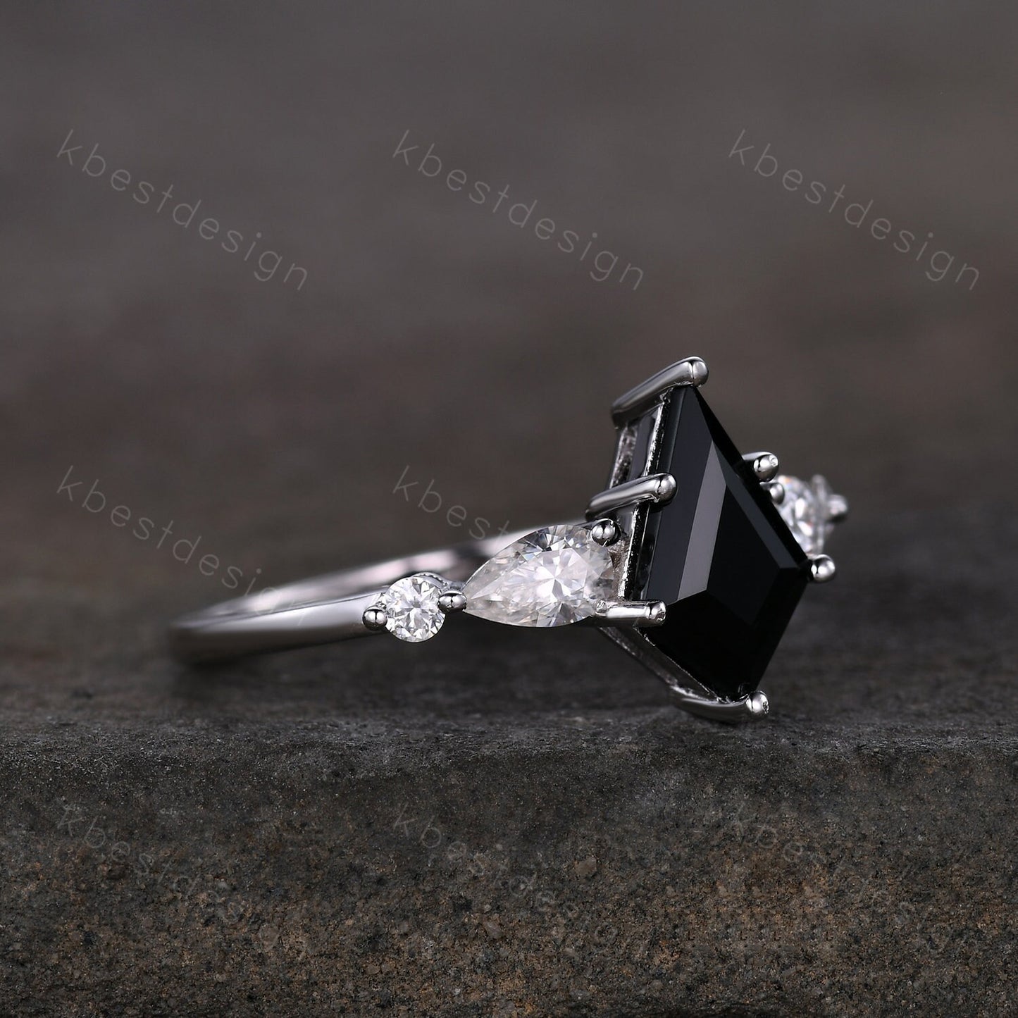 Vintage kite cut black onyx engagement ring 14k white gold pear cut moissanite ring for women unique bridal promise ring Platinum ring