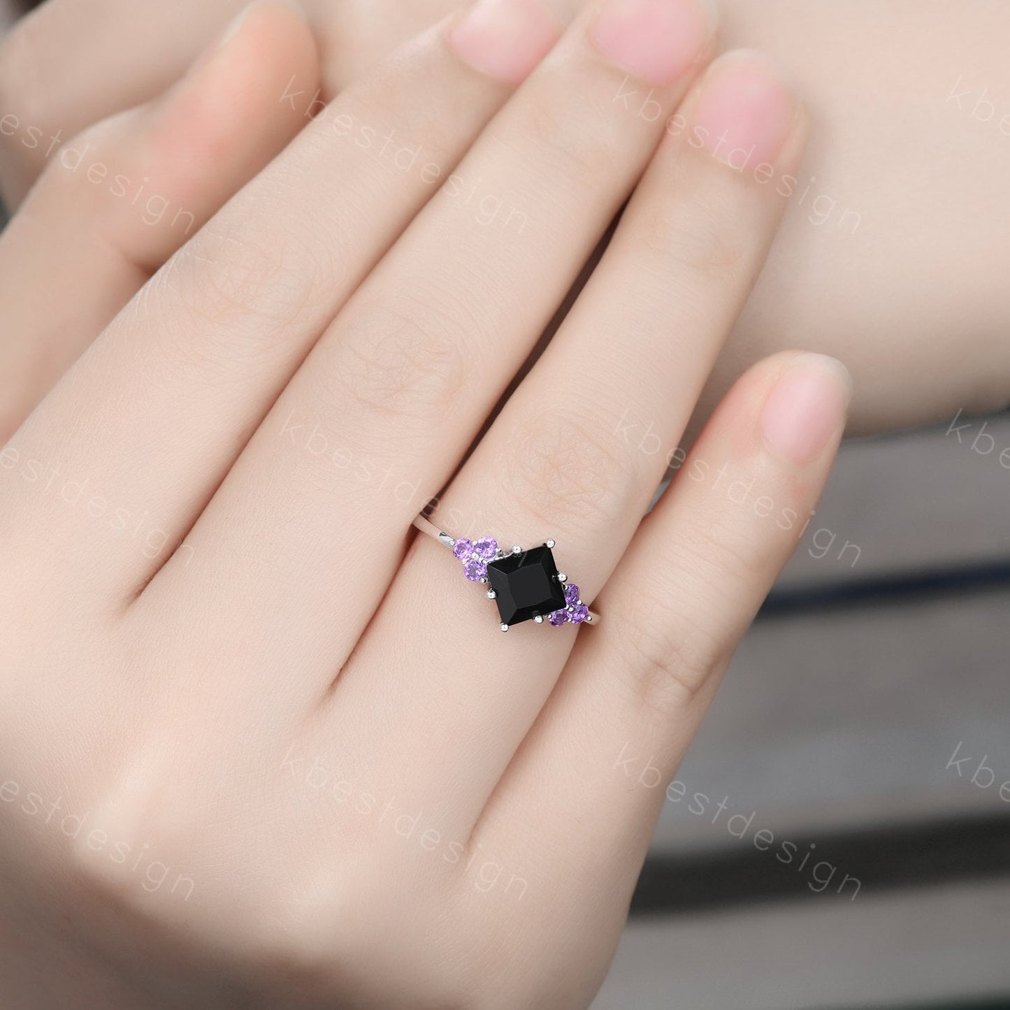 Vintage Princess cut Black onyx engagement ring women Sterling Silver Unique Cluster ring Amethyst Wedding ring Bridal anniversary gift