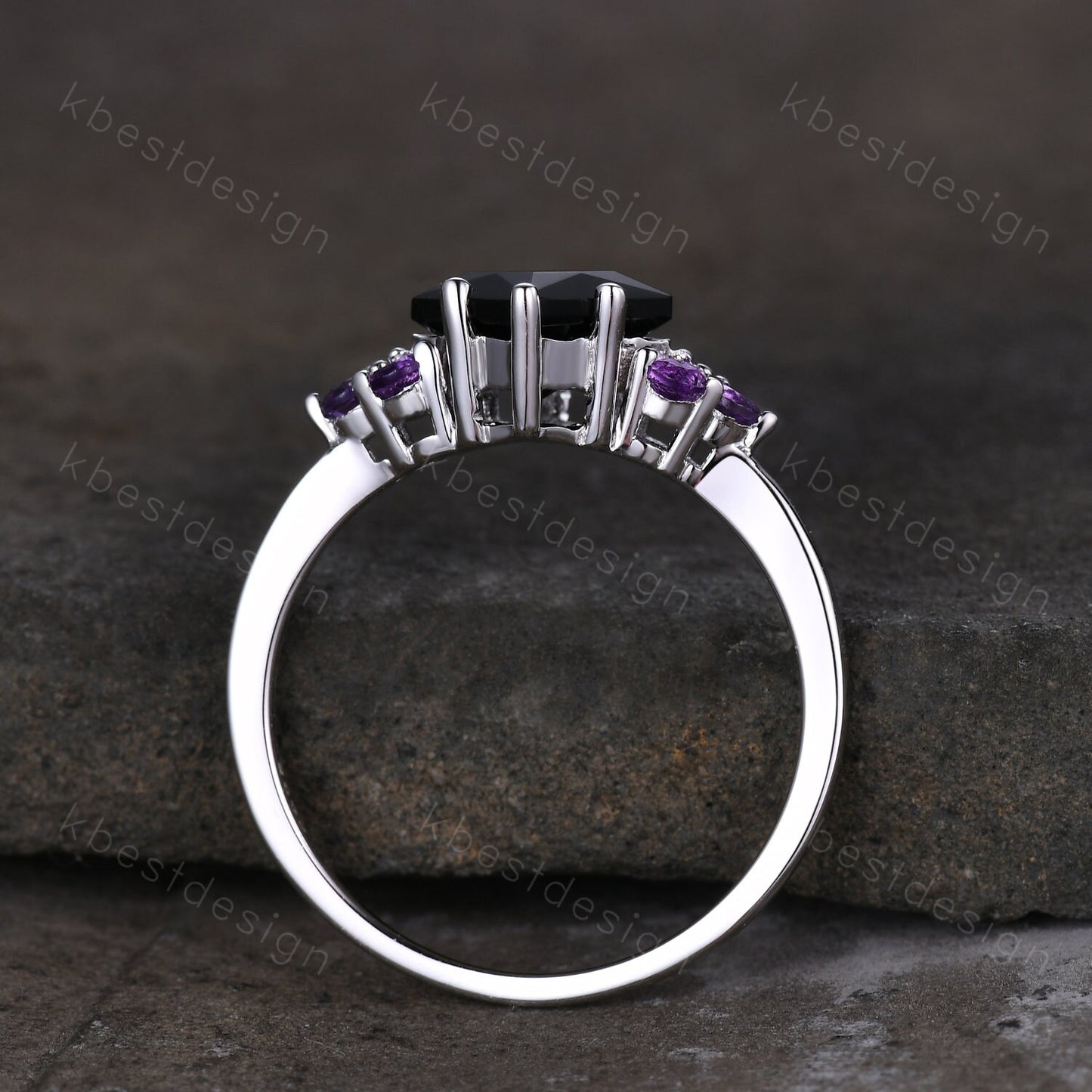 Vintage Princess cut Black onyx engagement ring women Sterling Silver Unique Cluster ring Amethyst Wedding ring Bridal anniversary gift