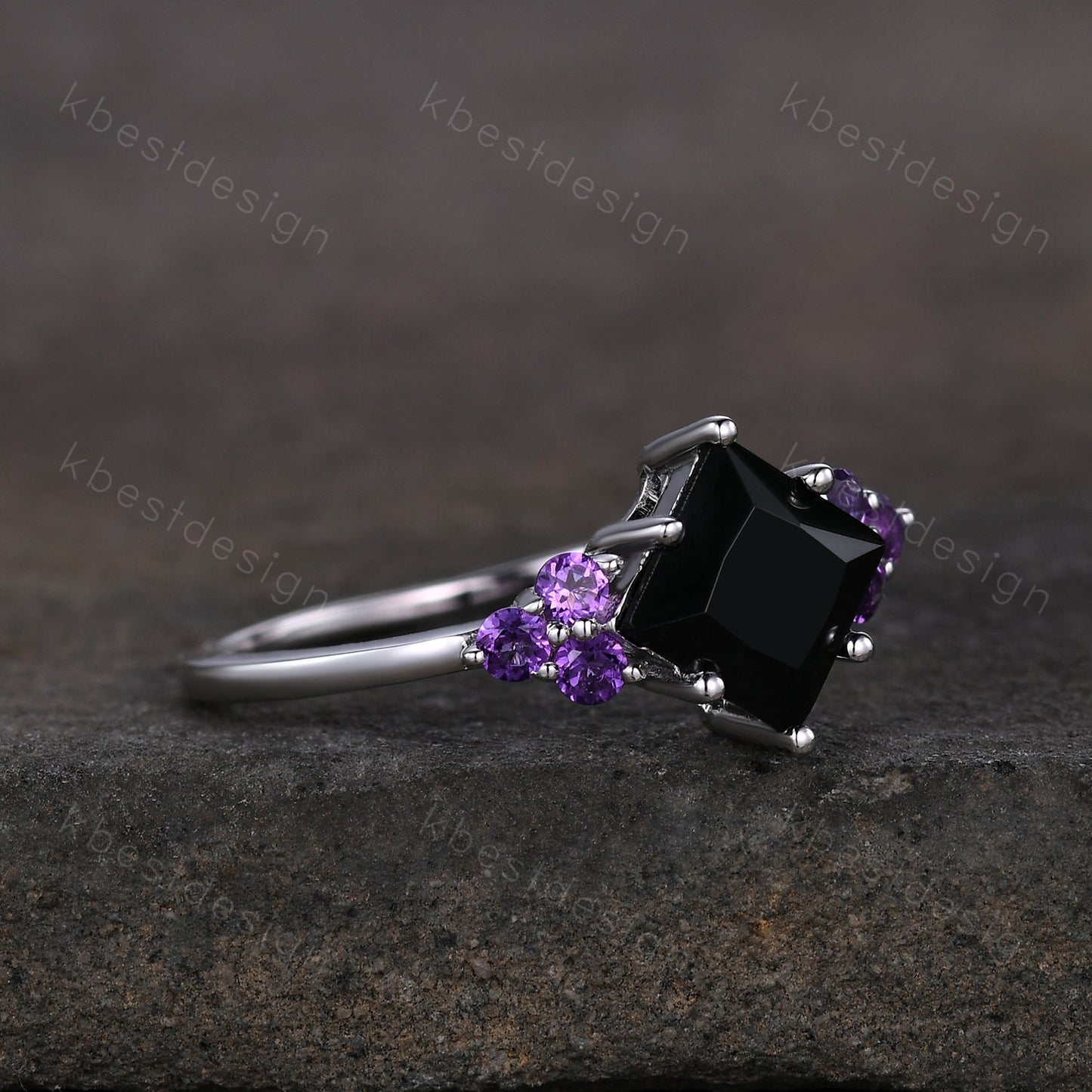 Vintage Princess cut Black onyx engagement ring women Sterling Silver Unique Cluster ring Amethyst Wedding ring Bridal anniversary gift