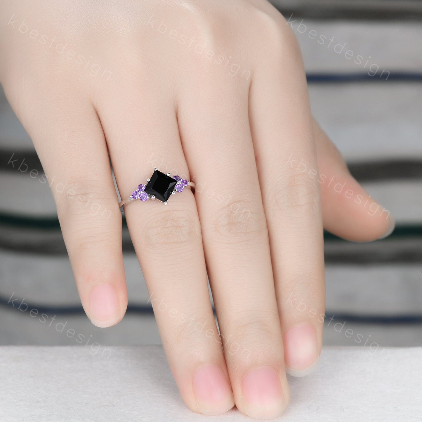 Vintage Princess cut Black onyx engagement ring women Sterling Silver Unique Cluster ring Amethyst Wedding ring Bridal anniversary gift