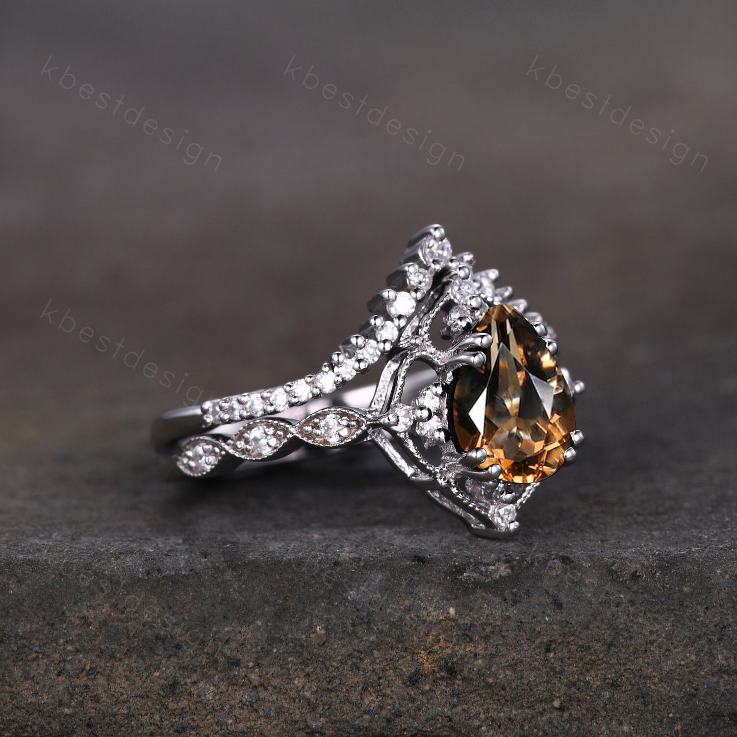 Vintage smoky quartz engagement ring silver ring art deco curved stacking band pear cut bridal set unique moissanite wedding set Brown ring
