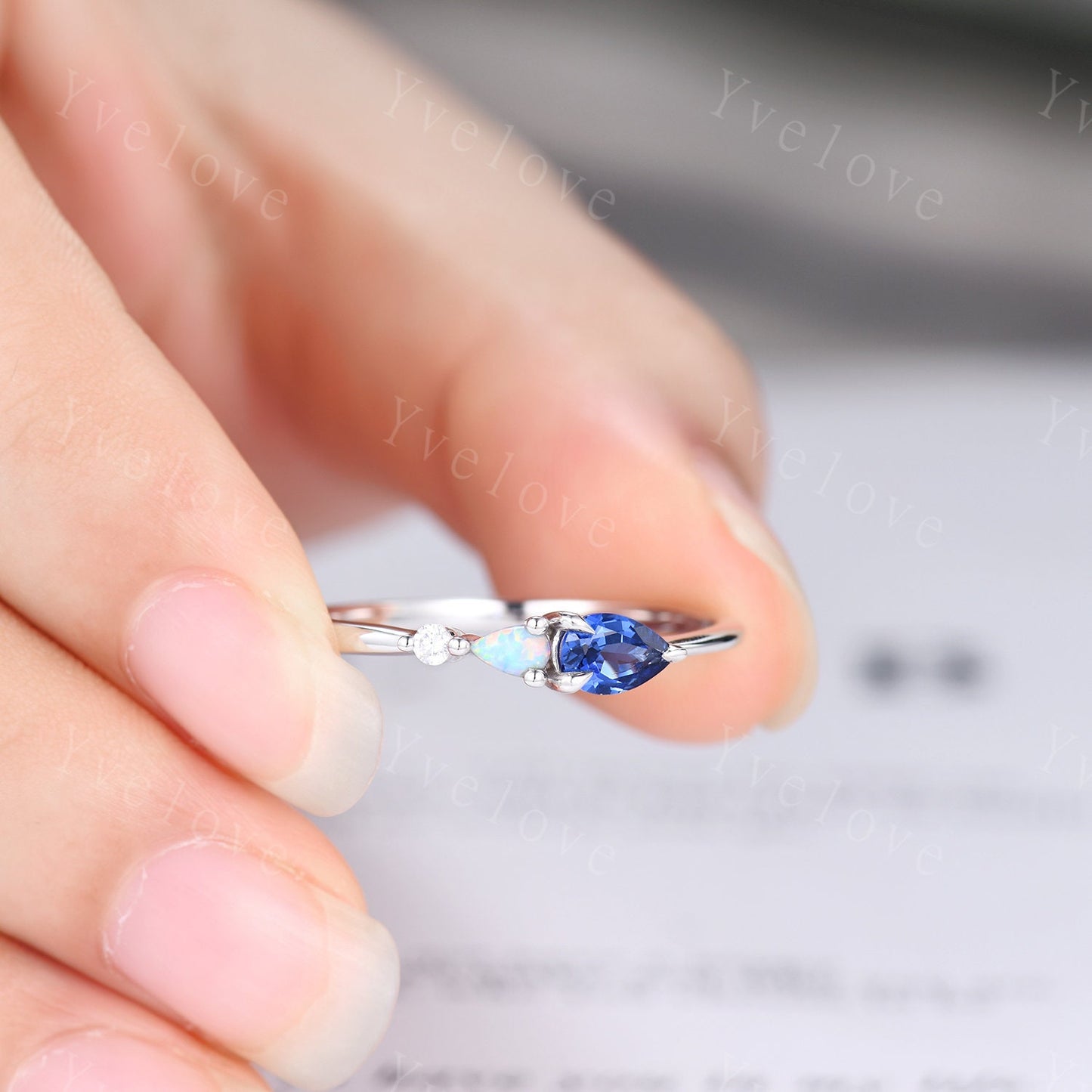 Vintage Sapphire Opal Engagement Ring,Pear Cut Gems,Art Deco Moissanite Wedding Band,3 Stone Unique Women Bridal Promise Ring,Customized