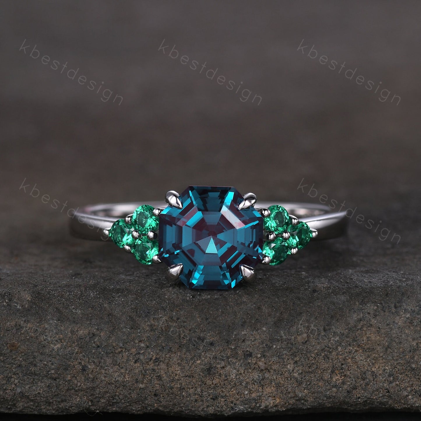 Vintage octagon cut Alexandrite engagement ring silver gold ring green emerald cluster ring unique wedding ring women anniversary ring gift