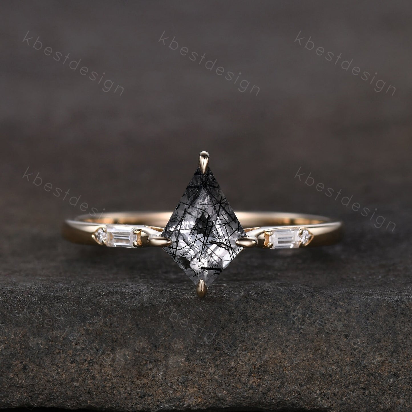 Kite cut black rutilated quartz ring 14k yellow gold ring vintage unique engagement ring three stone baguette cut moissanite ring handmade