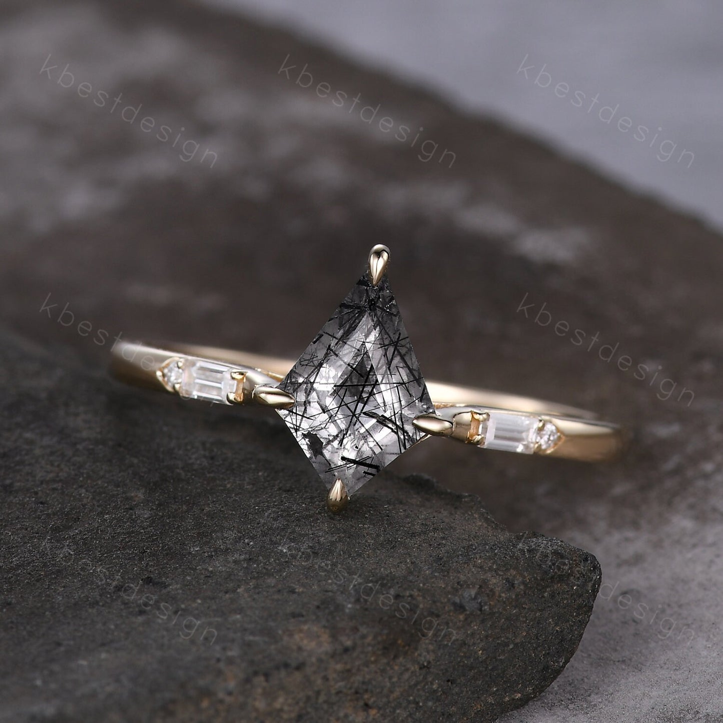 Kite cut black rutilated quartz ring 14k yellow gold ring vintage unique engagement ring three stone baguette cut moissanite ring handmade