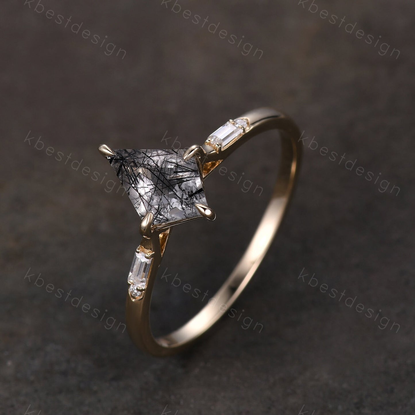 Kite cut black rutilated quartz ring 14k yellow gold ring vintage unique engagement ring three stone baguette cut moissanite ring handmade