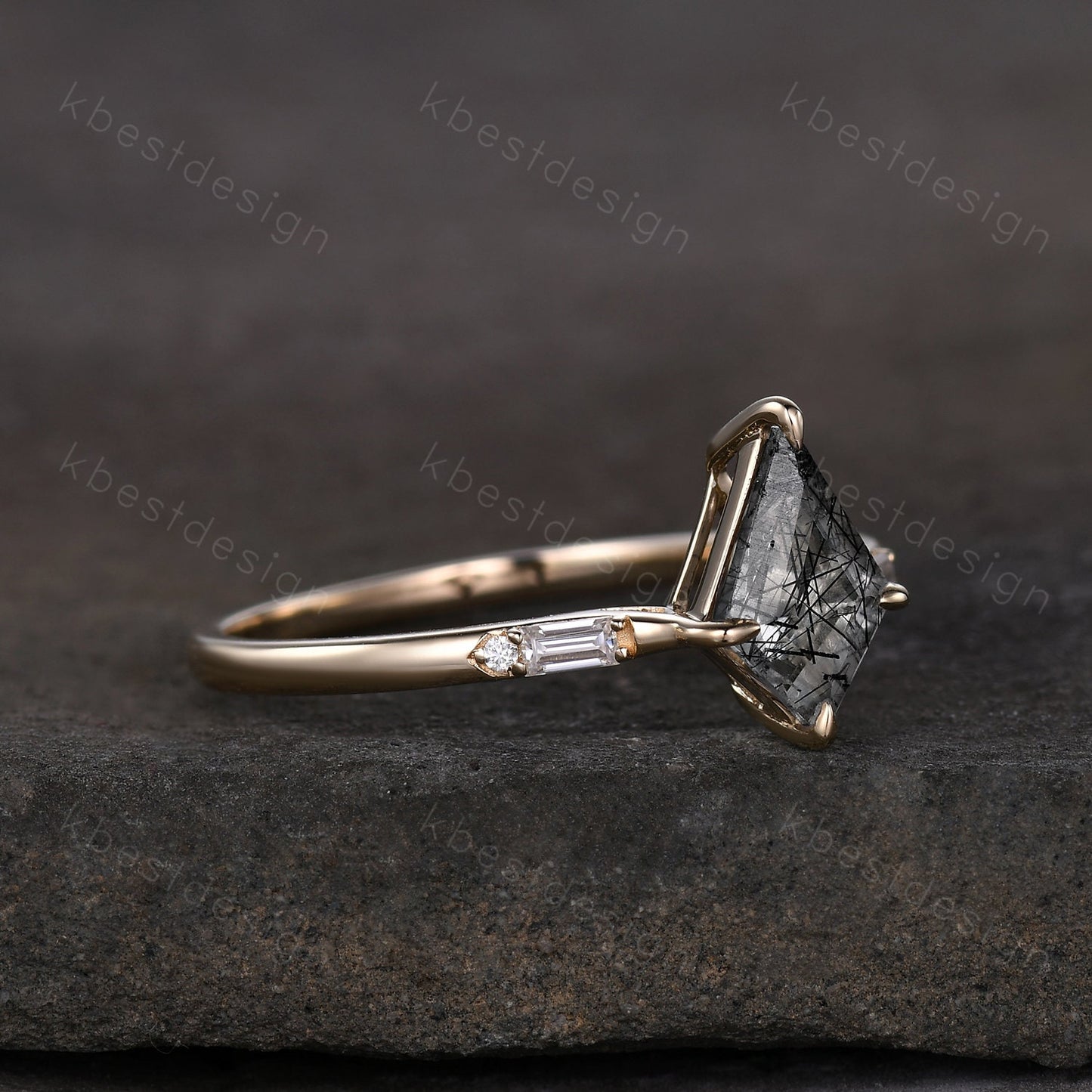 Kite cut black rutilated quartz ring 14k yellow gold ring vintage unique engagement ring three stone baguette cut moissanite ring handmade