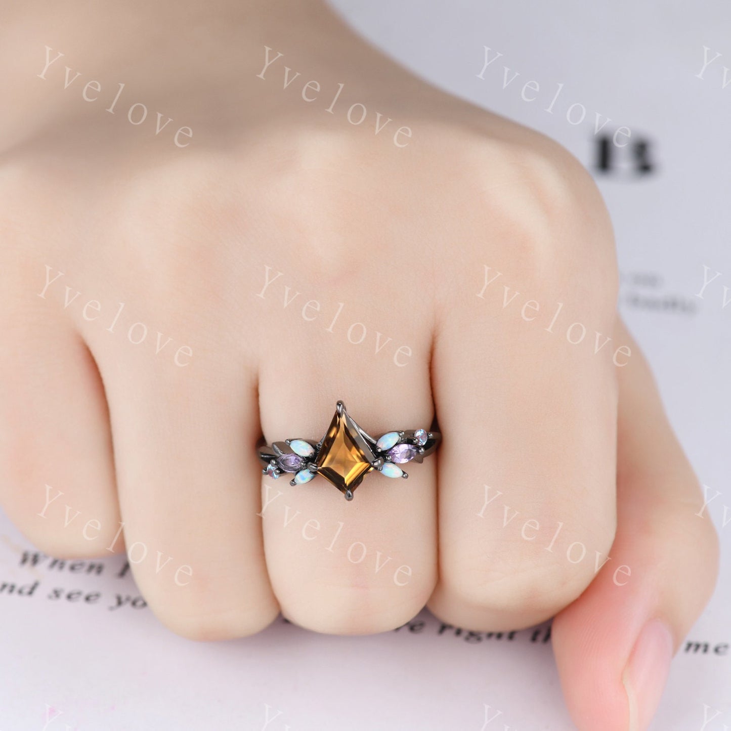 Vintage Kite Smoky Quartz Engagement Ring Set,Black Gold,Vines Amethyst Opal Ring,Women Bridal Set,Unique Twig Anniversary Gift Promise Ring