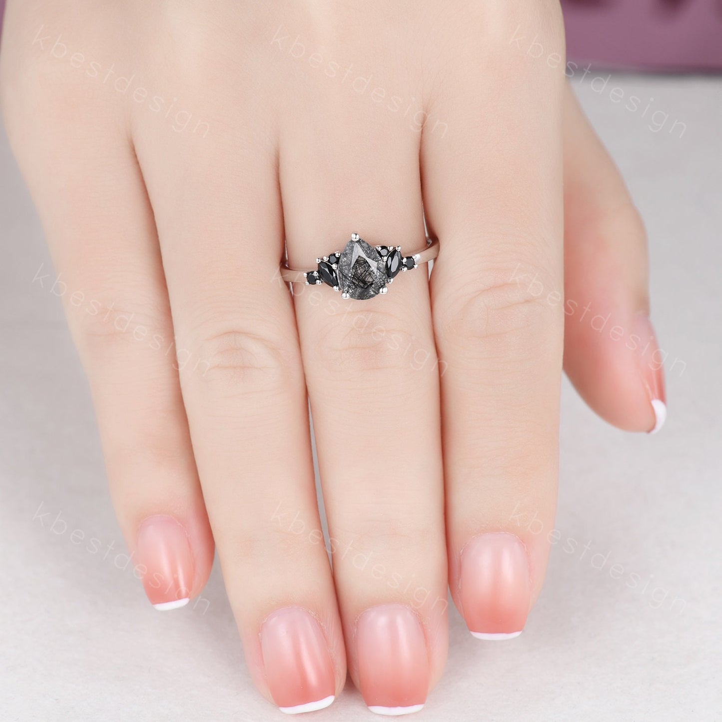Vintage black rutilated quartz engagement ring sterling silver ring art deco cluster ring pear shaped bridal ring unique black spinel ring