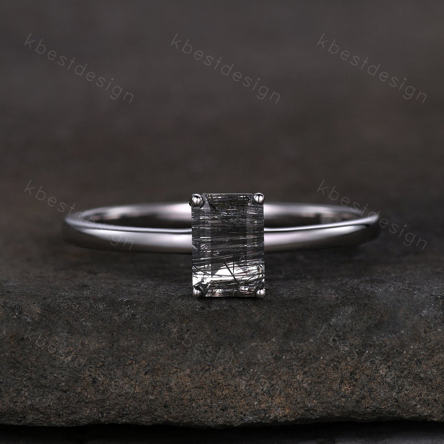Emerald cut Black Rutilated Quartz ring women vintage unique black gemstone ring minimalist solitaire engagement ring Promise ring
