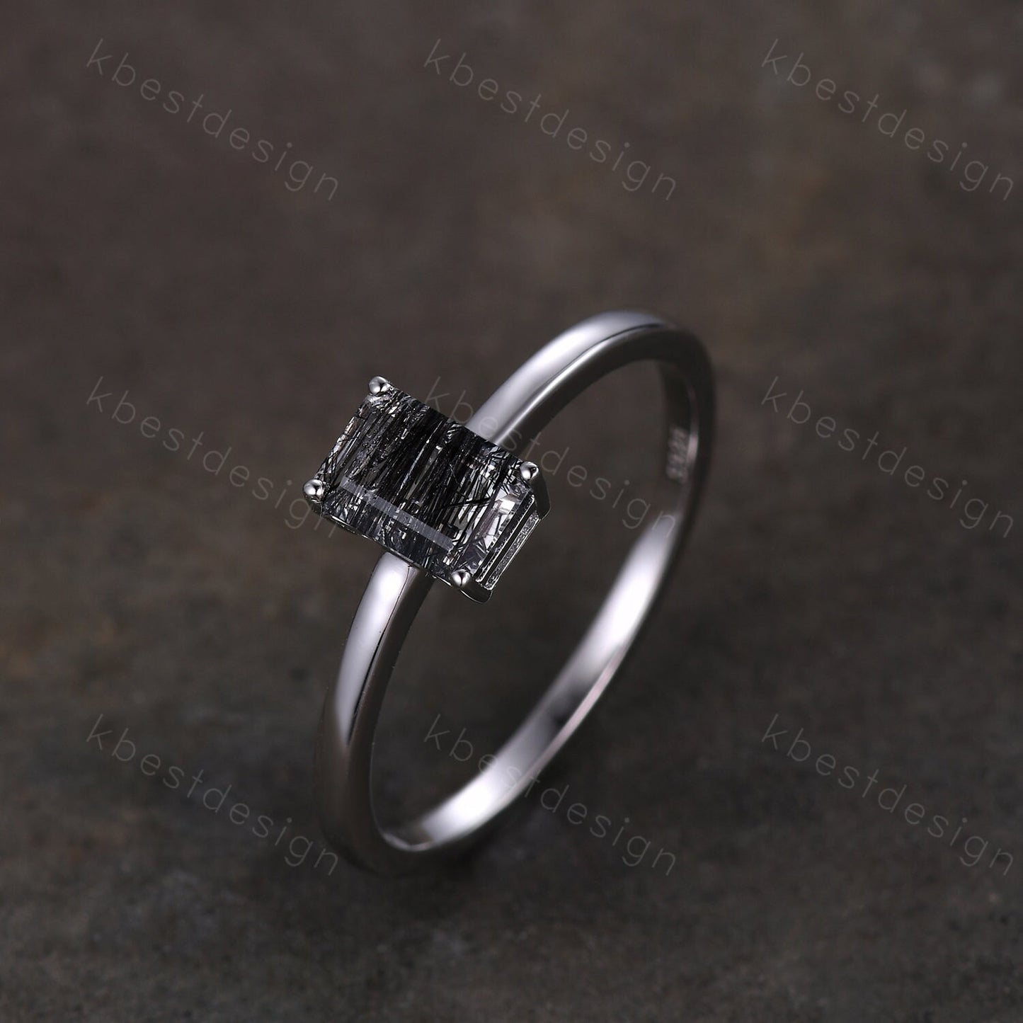 Emerald cut Black Rutilated Quartz ring women vintage unique black gemstone ring minimalist solitaire engagement ring Promise ring