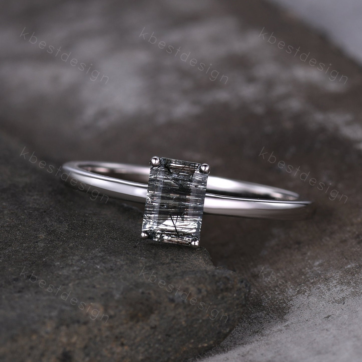 Emerald cut Black Rutilated Quartz ring women vintage unique black gemstone ring minimalist solitaire engagement ring Promise ring