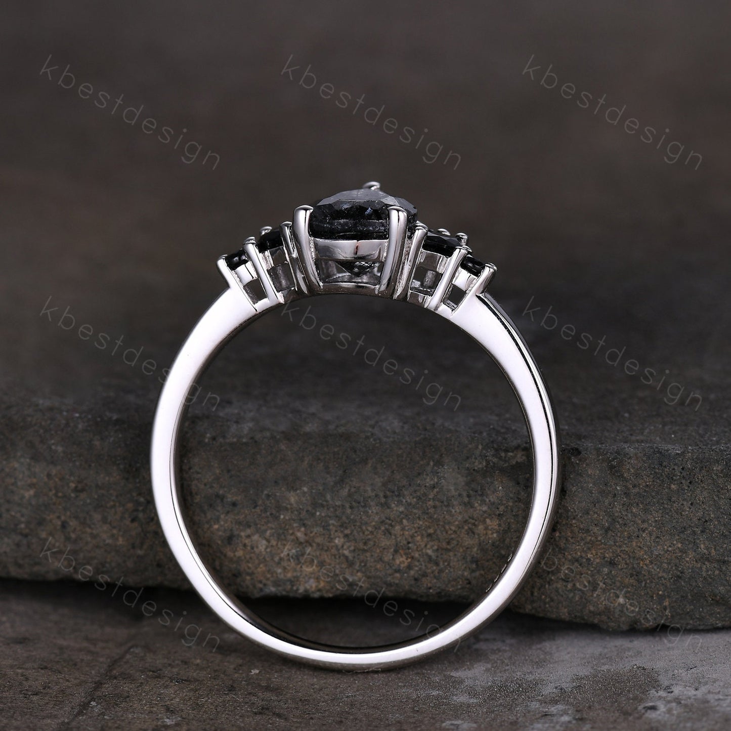 Vintage black rutilated quartz engagement ring sterling silver ring art deco cluster ring pear shaped bridal ring unique black spinel ring