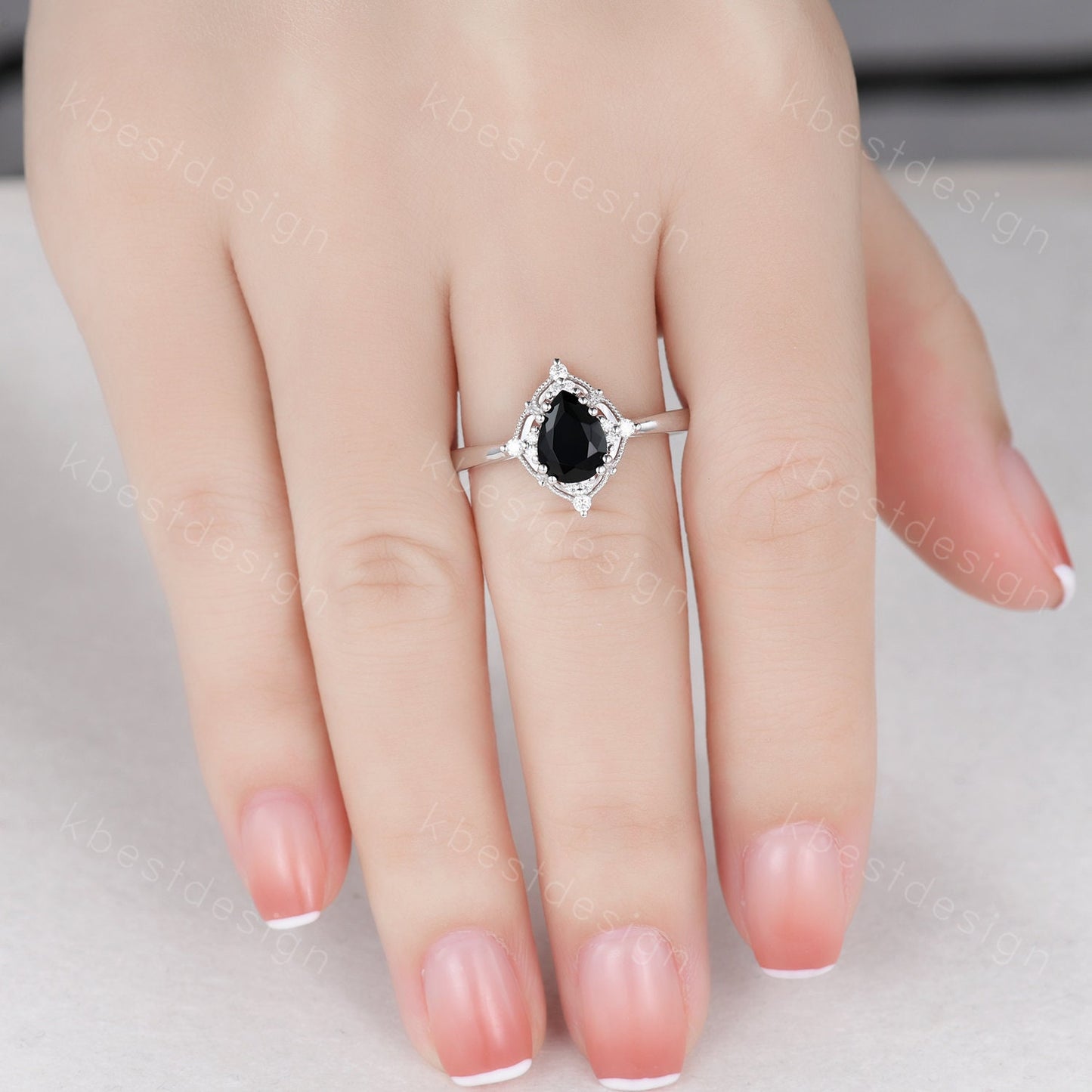 Pear Cut Natural Black Onyx Engagement Ring Unique Art Deco Moissanite Ring Sterling Silver Ring Black Gemstone ring Bridal Promise Ring