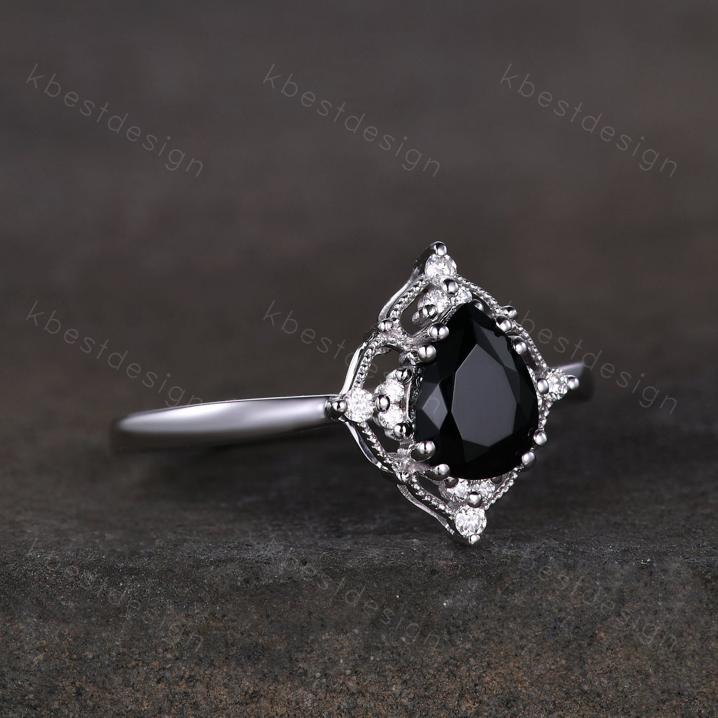 Pear Cut Natural Black Onyx Engagement Ring Unique Art Deco Moissanite Ring Sterling Silver Ring Black Gemstone ring Bridal Promise Ring
