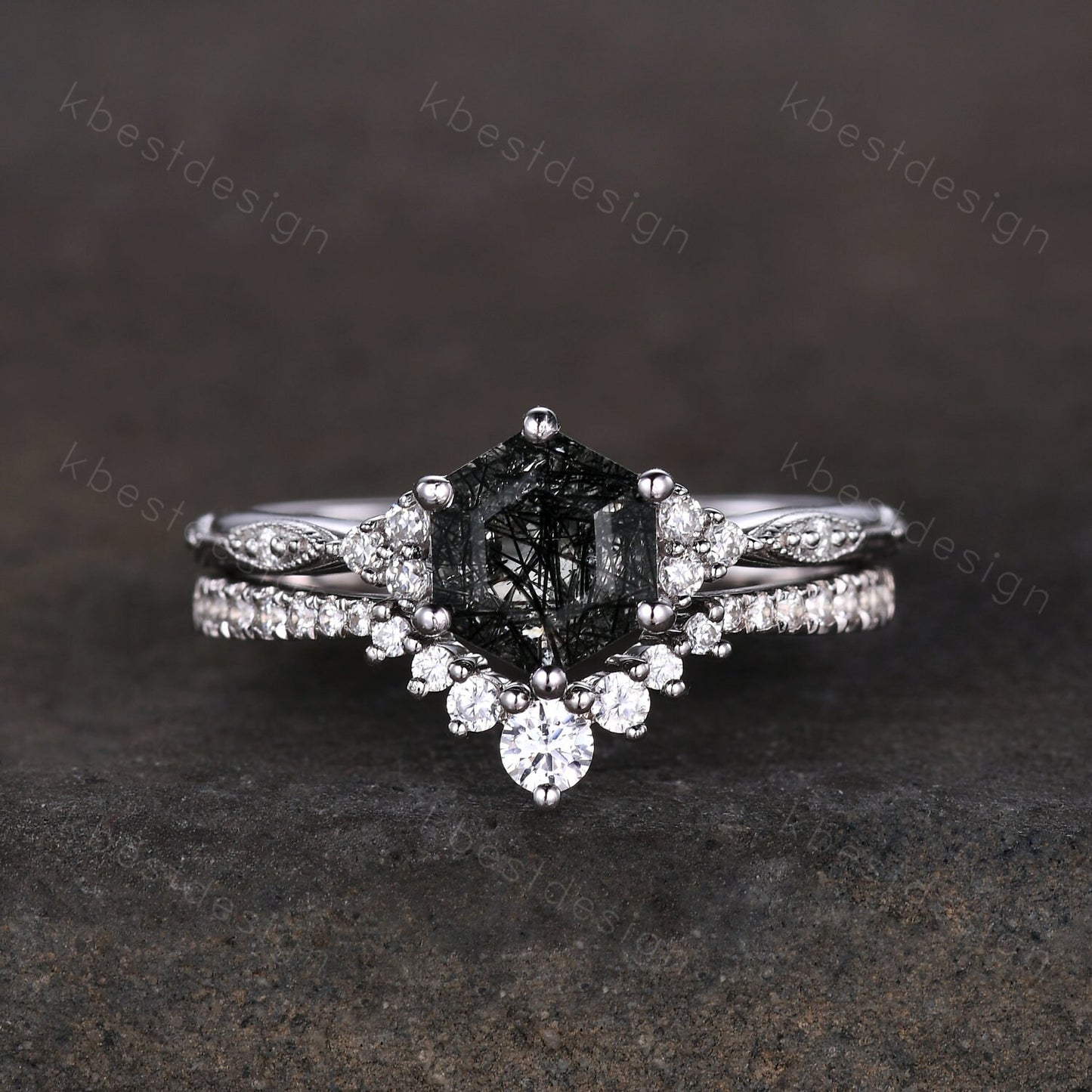 3pcs hexagon cut black rutilated quartz engagement ring silver art deco moissanite ring women stacking matching band unique wedding ring set