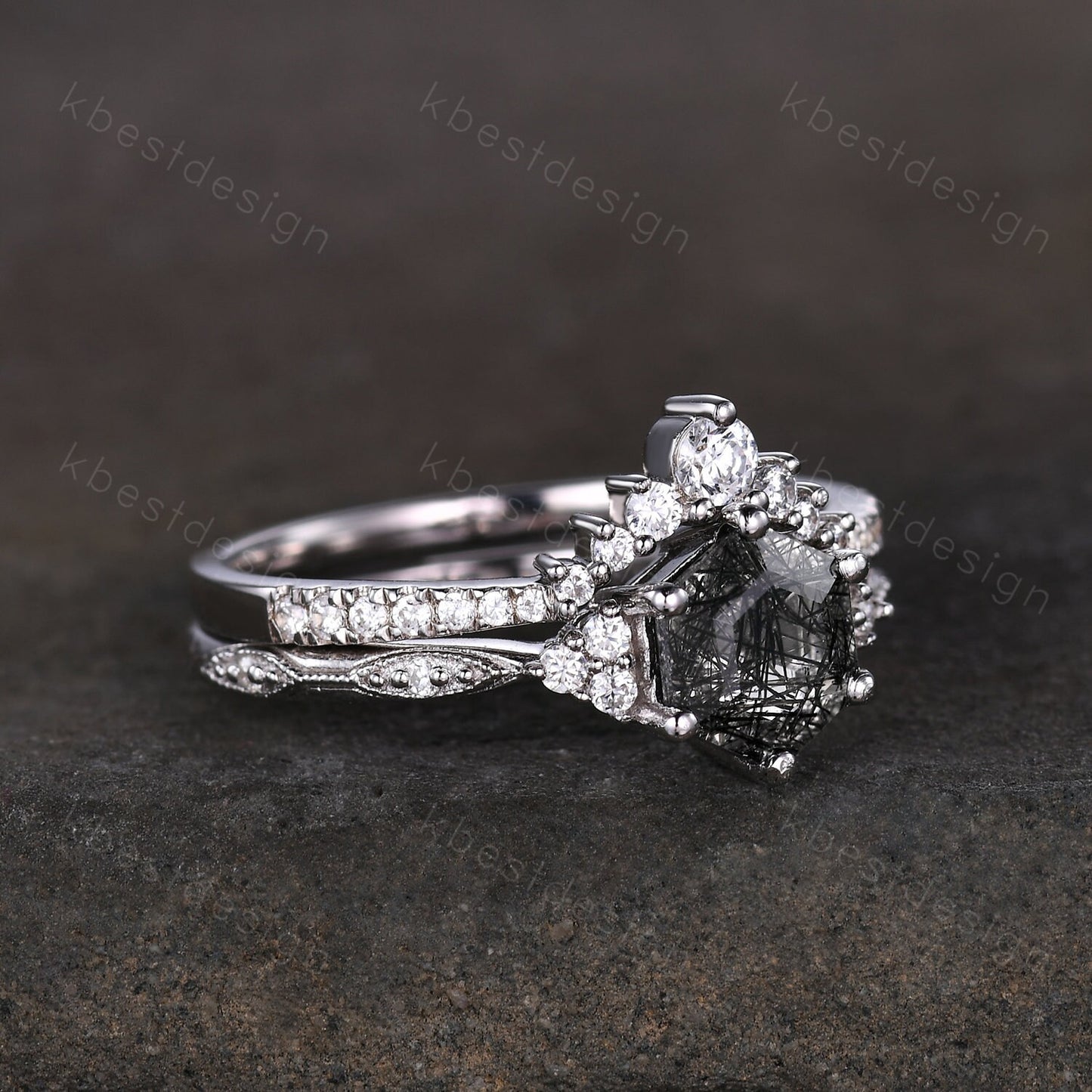 Hexagon cut black rutilated quartz engagement ring sterling silver art deco moissanite ring women black stone ring unique wedding ring set