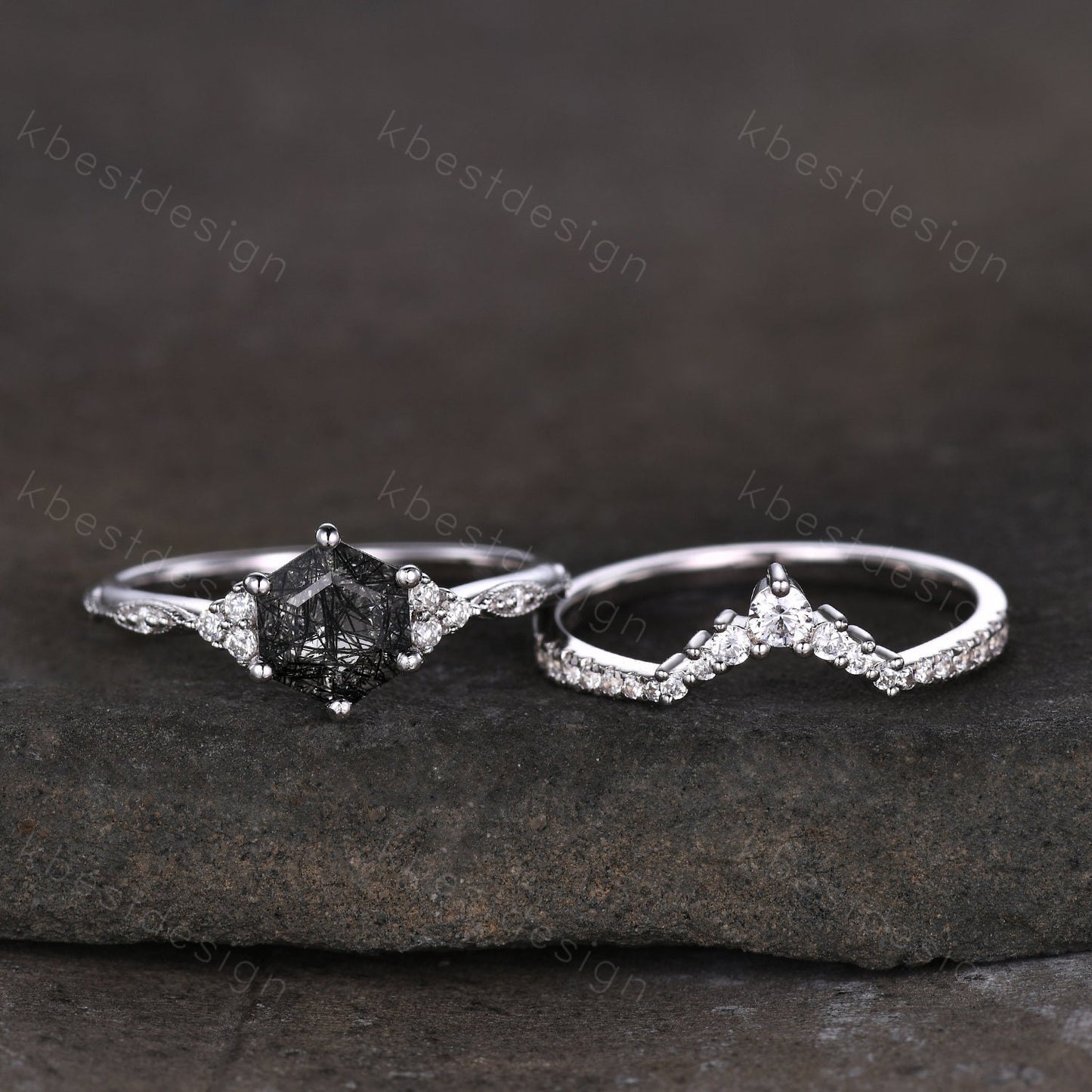 Hexagon cut black rutilated quartz engagement ring sterling silver art deco moissanite ring women black stone ring unique wedding ring set