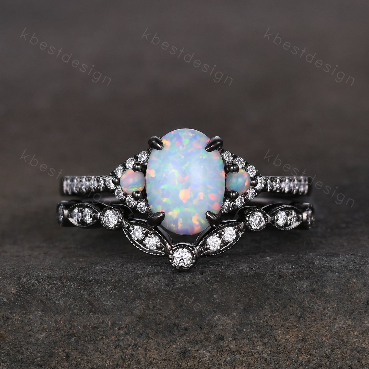 Vintage white opal engagement ring black gold rings art deco curved stacking matching band oval cut bridal set unique moissanite wedding set