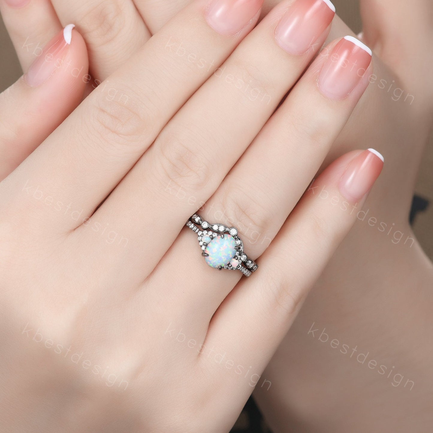 Vintage white opal engagement ring black gold rings art deco curved stacking matching band oval cut bridal set unique moissanite wedding set