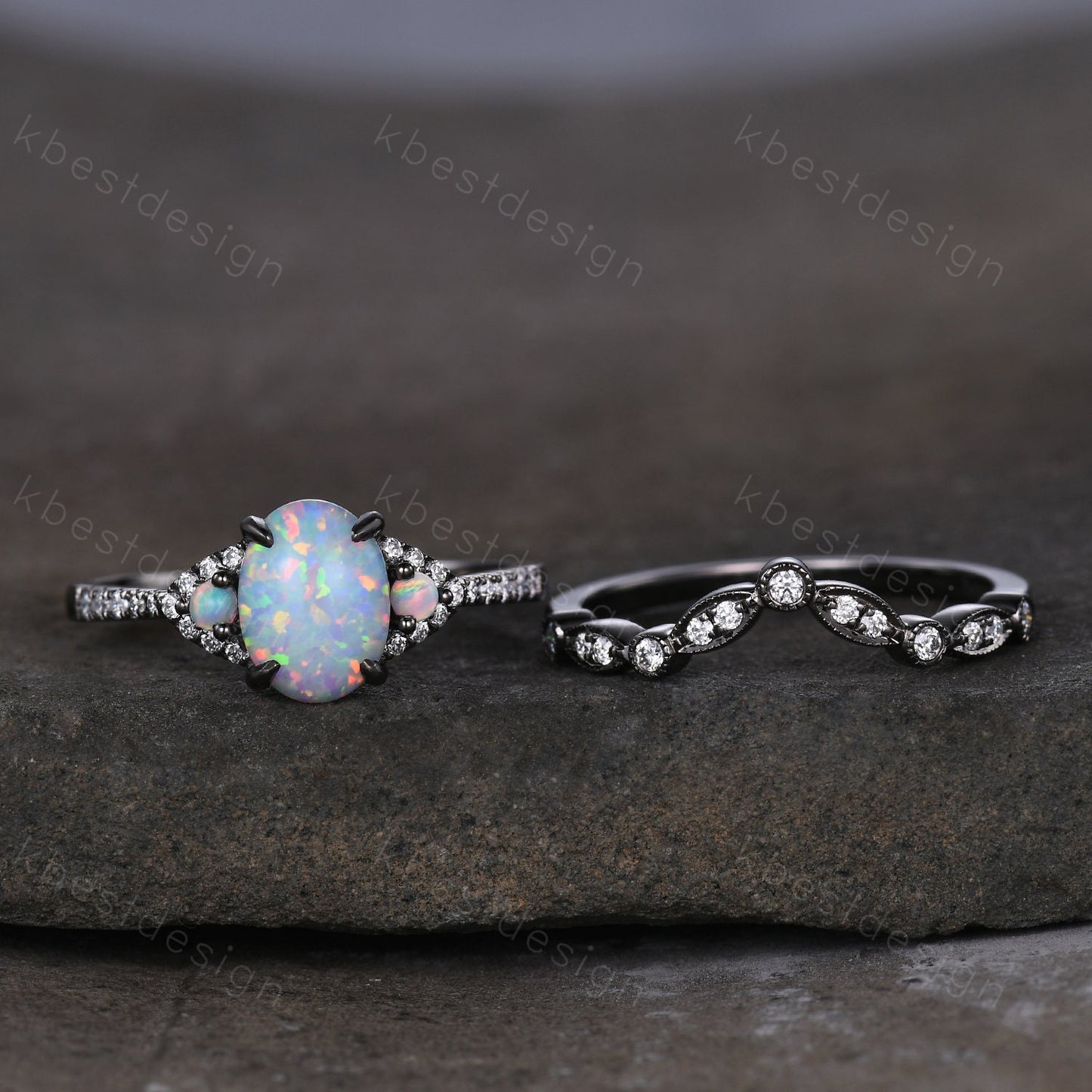 Vintage white opal engagement ring black gold rings art deco curved stacking matching band oval cut bridal set unique moissanite wedding set