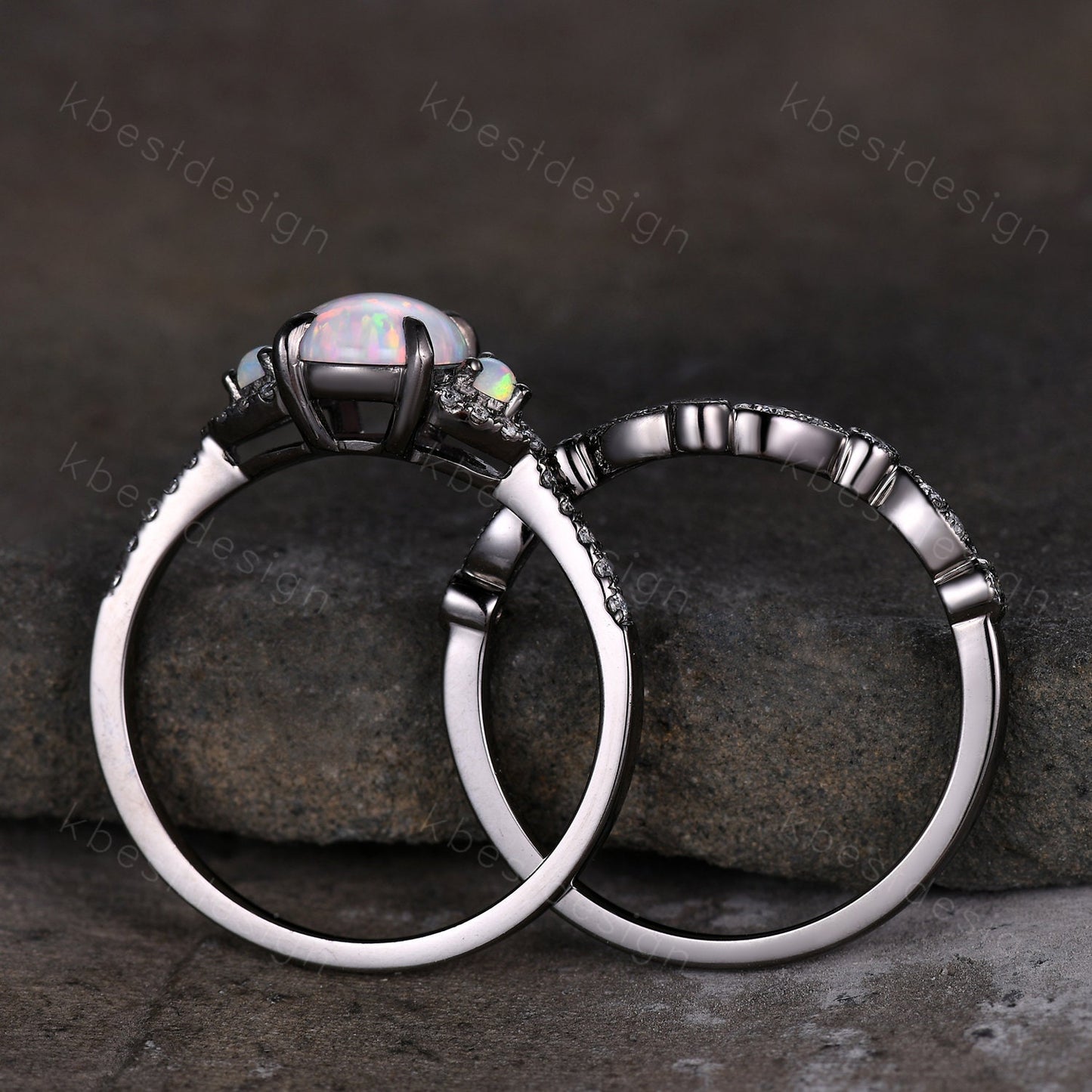 Vintage white opal engagement ring black gold rings art deco curved stacking matching band oval cut bridal set unique moissanite wedding set