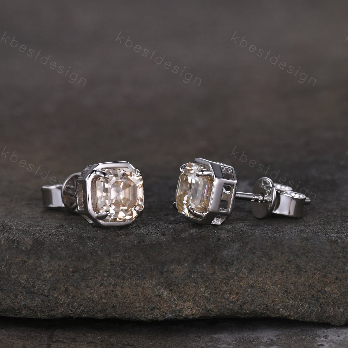 Champagne Moissanite Earrings, Studs for women, Silver Stud earrings, Asscher Moissanite Studs, Anniversary Gift, Everyday Jewelry