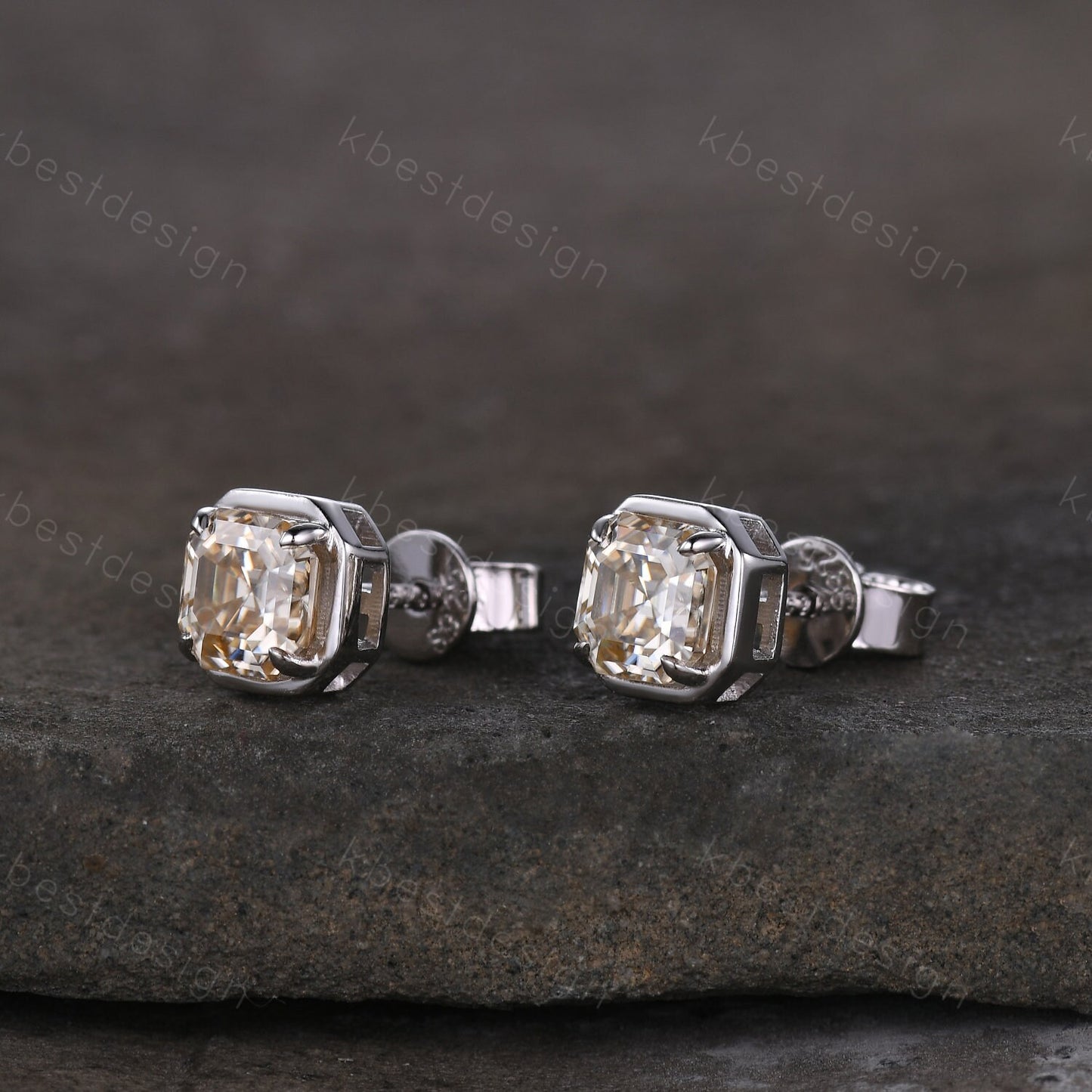 Champagne Moissanite Earrings, Studs for women, Silver Stud earrings, Asscher Moissanite Studs, Anniversary Gift, Everyday Jewelry