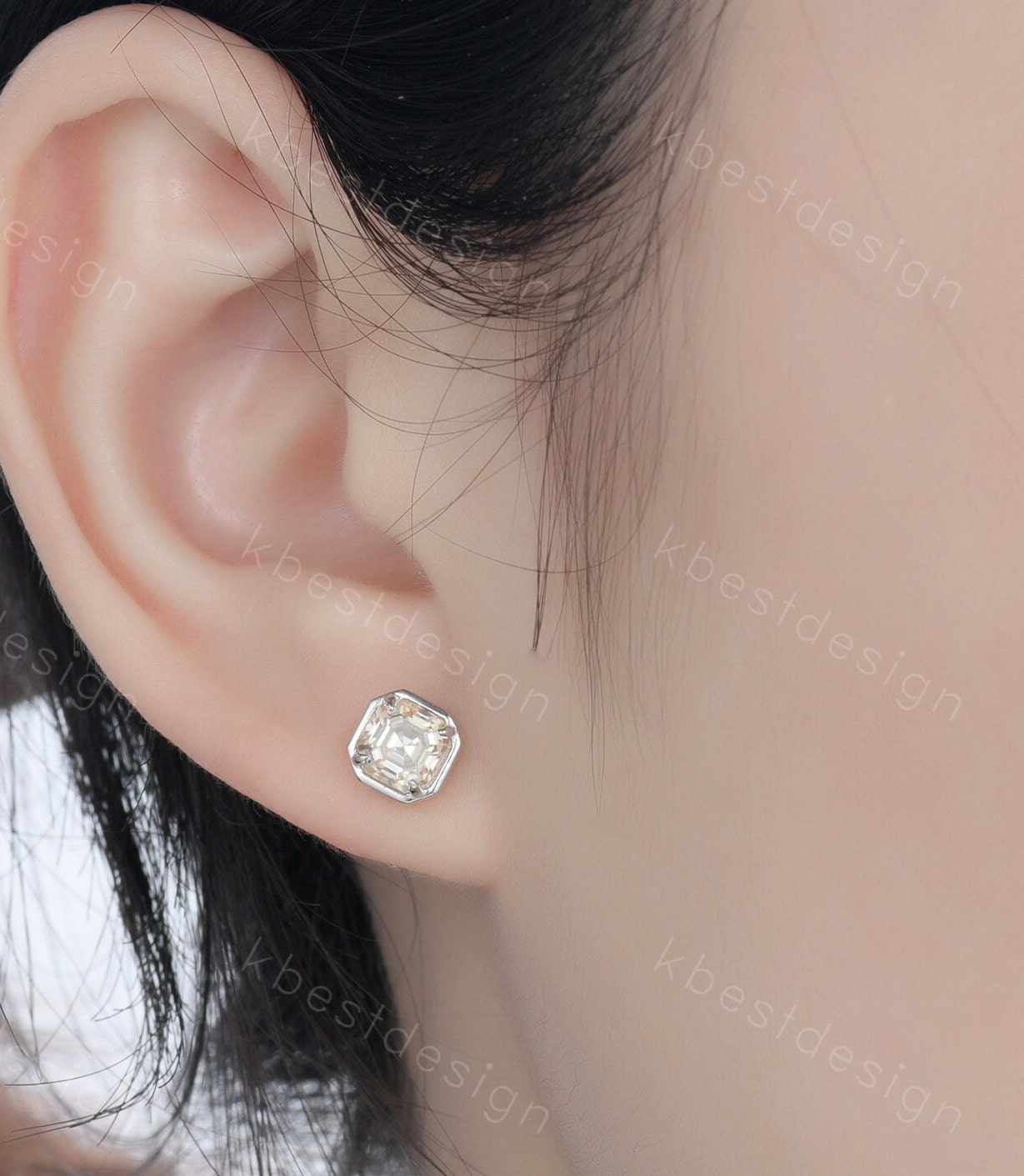 Champagne Moissanite Earrings, Studs for women, Silver Stud earrings, Asscher Moissanite Studs, Anniversary Gift, Everyday Jewelry